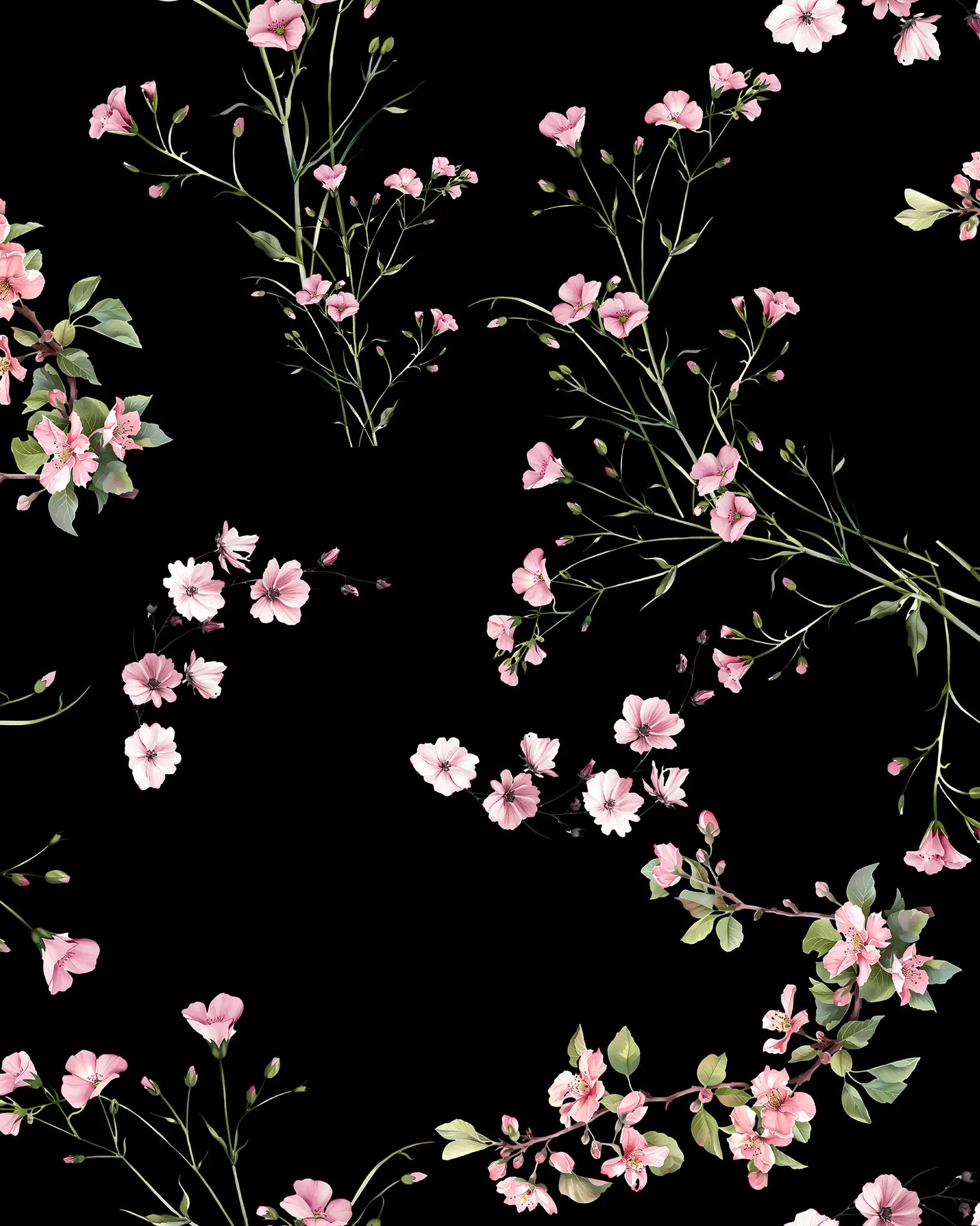 Floral pattern with pink flowers and green leaves on a black background