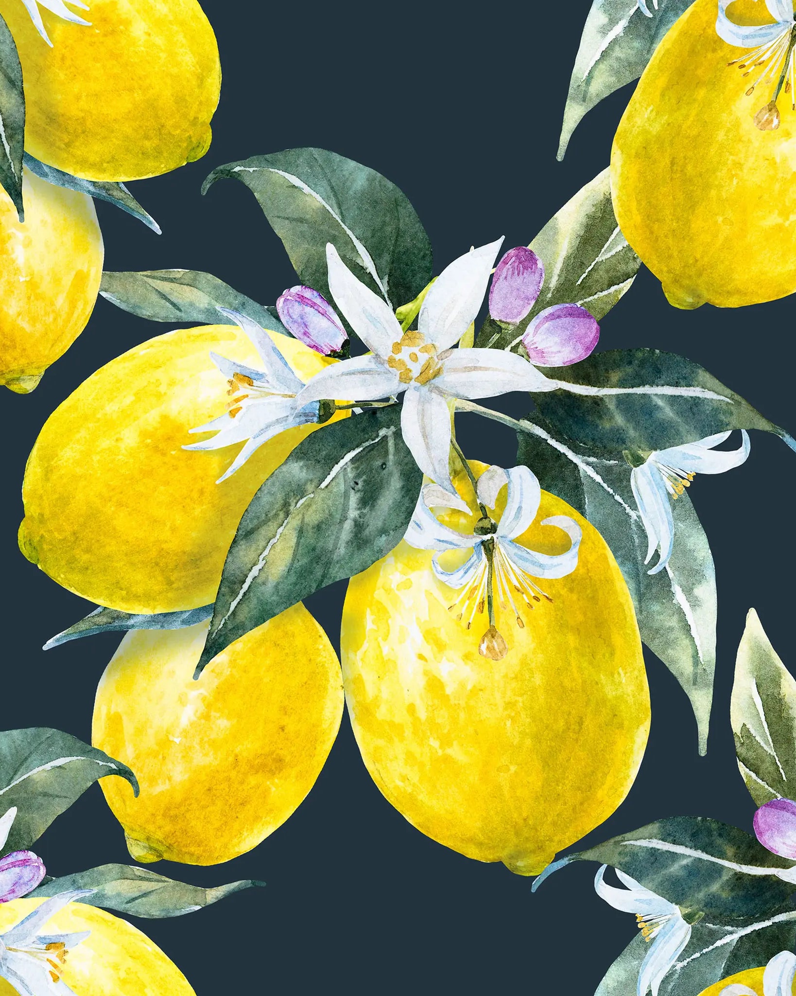 Pattern of yellow lemons and green leaves on a dark blue background