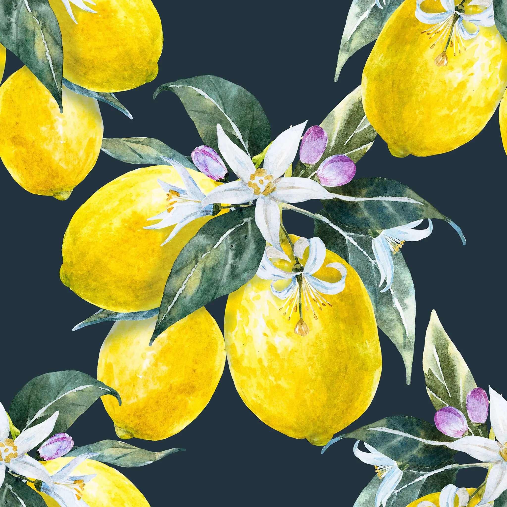 Pattern of yellow lemons and green leaves on a dark blue background