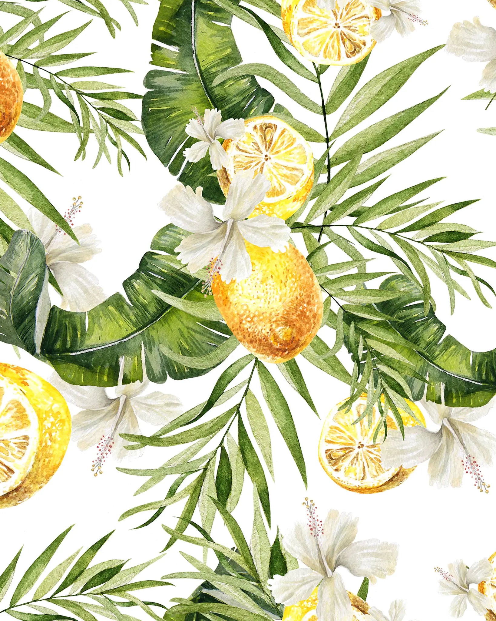 Pattern of lemons, oranges, and tropical leaves on a white background