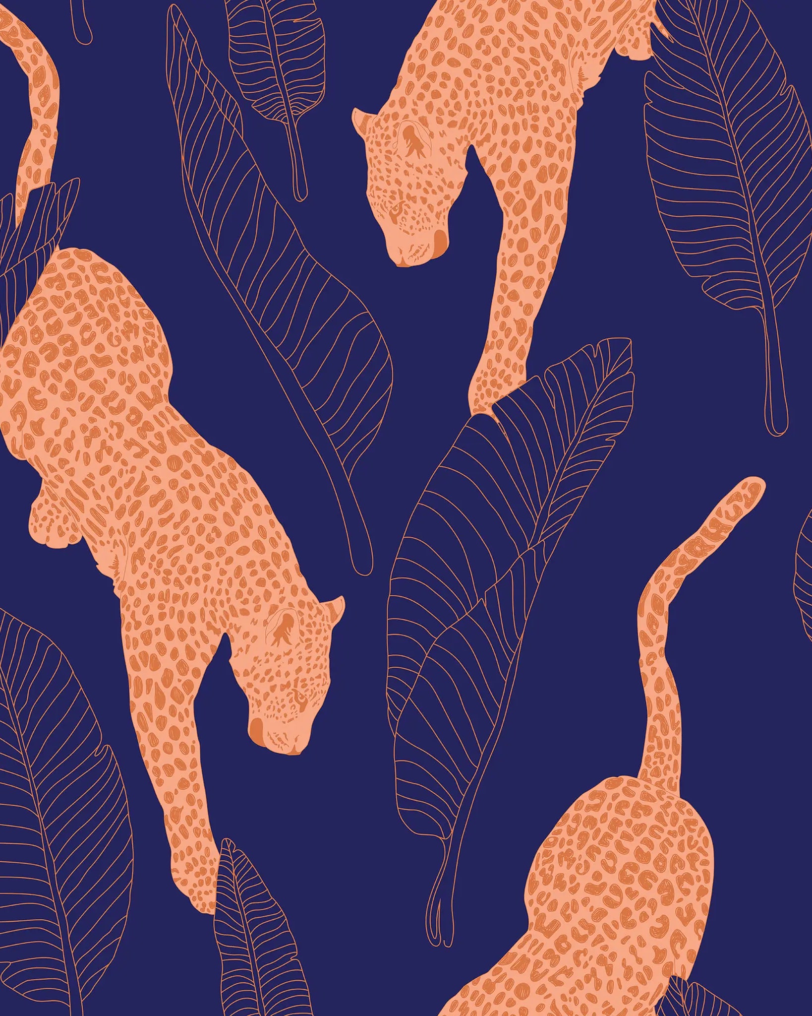 Pattern of orange leopards and leaves on a dark blue background