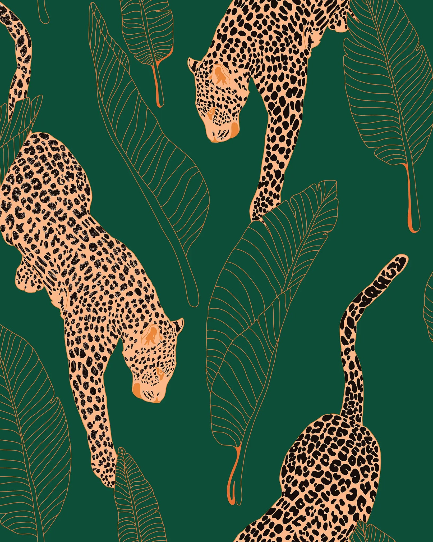 Pattern of leopards and leaves on a green background