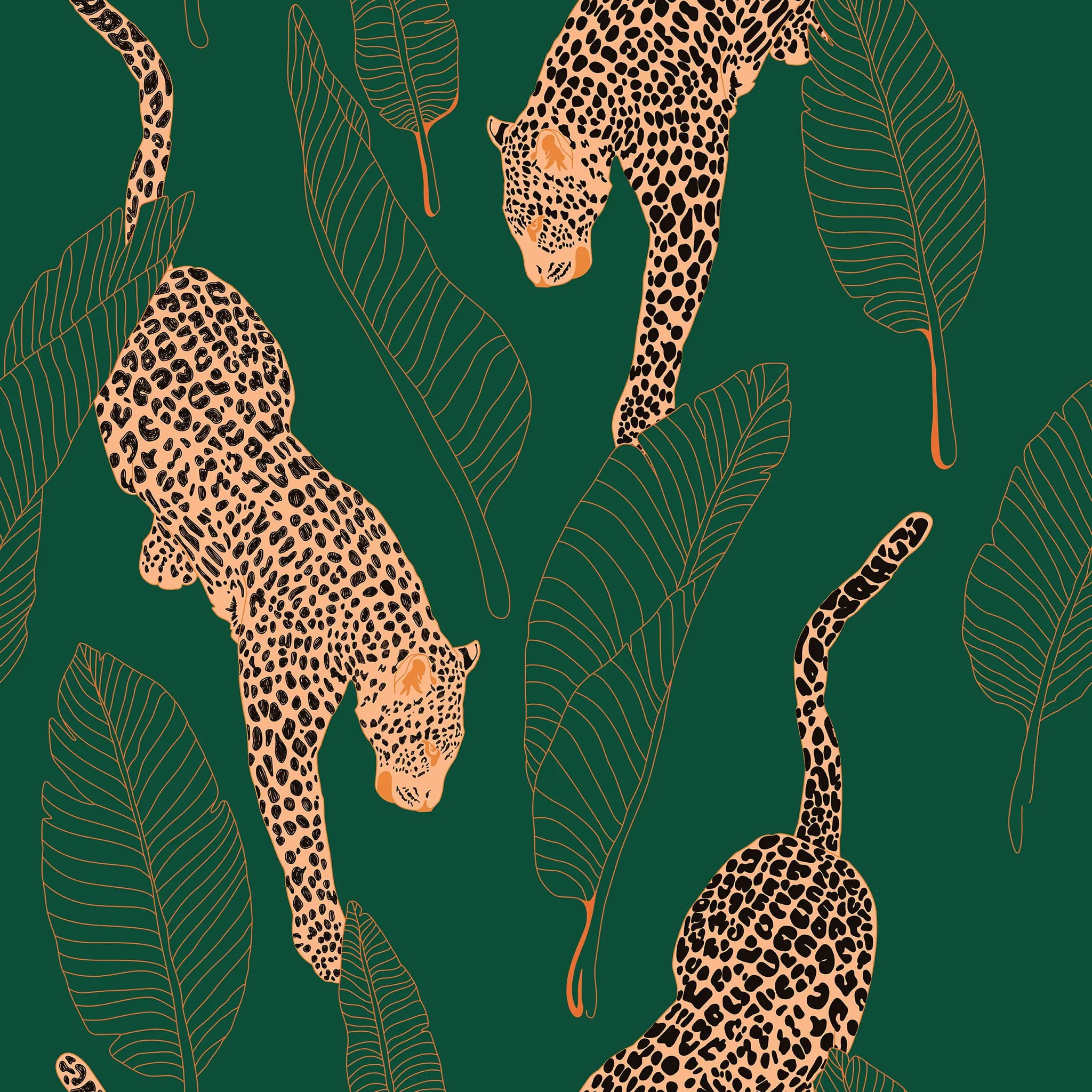 Pattern of leopards and leaves on a green background