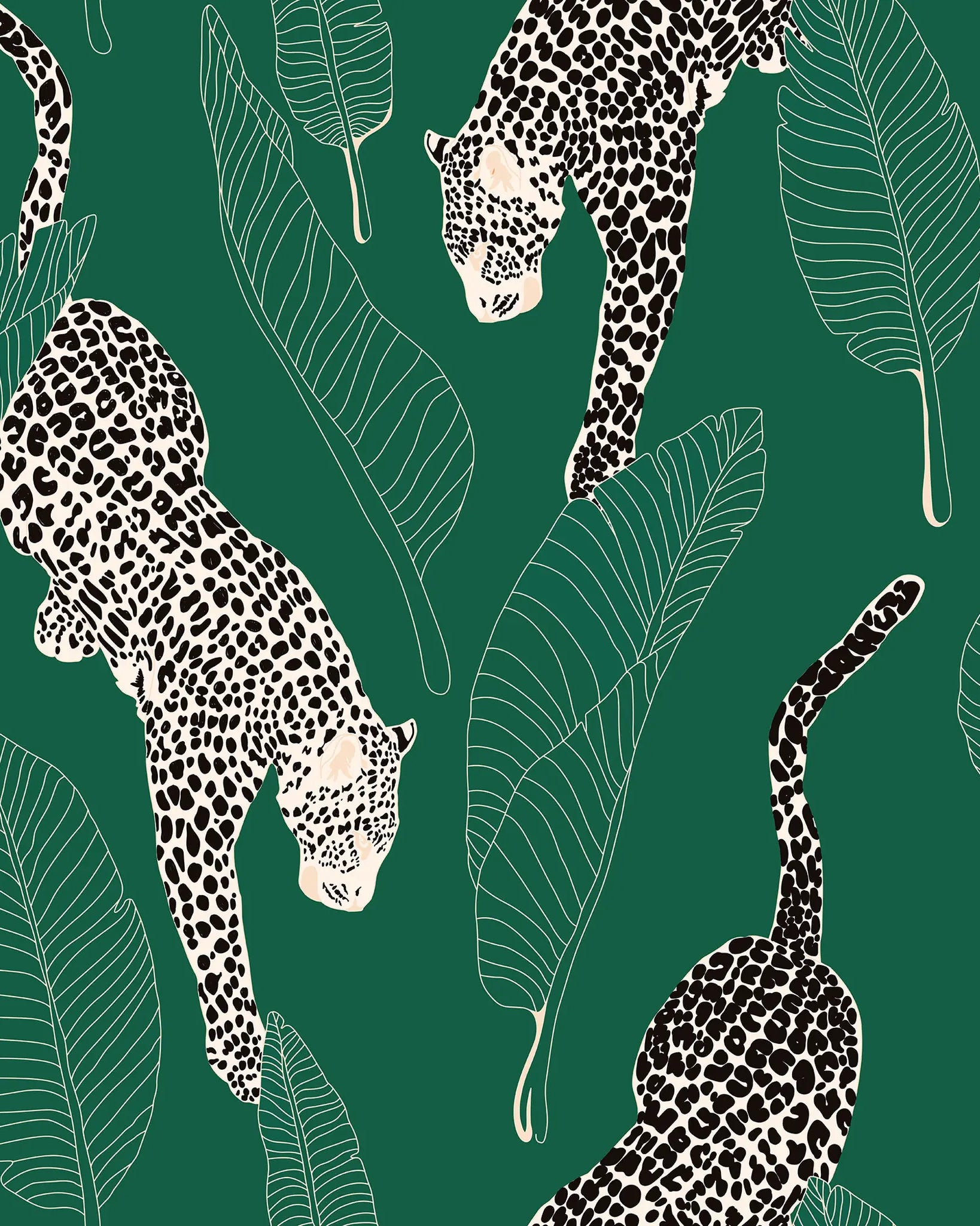 Pattern of leopards and leaves on a green background
