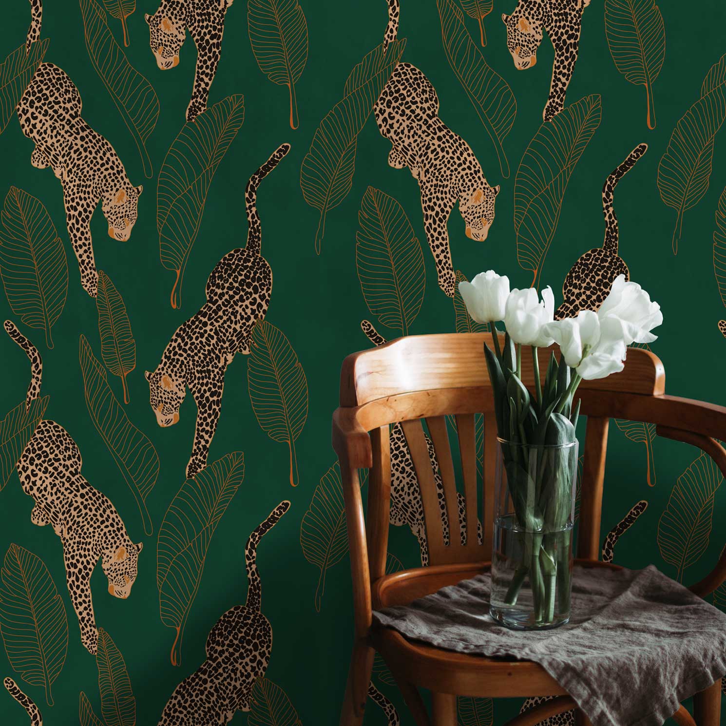 Leopards Peel and Stick Wallpaper, Removable Wallpaper, Traditional Wallpaper - Emerald | DeccoPrint