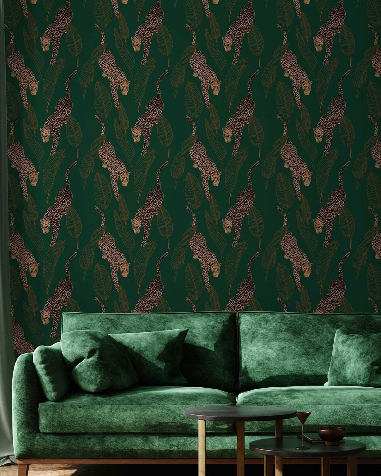 Leopards Peel and Stick Wallpaper, Removable Wallpaper, Traditional Wallpaper - Emerald | DeccoPrint