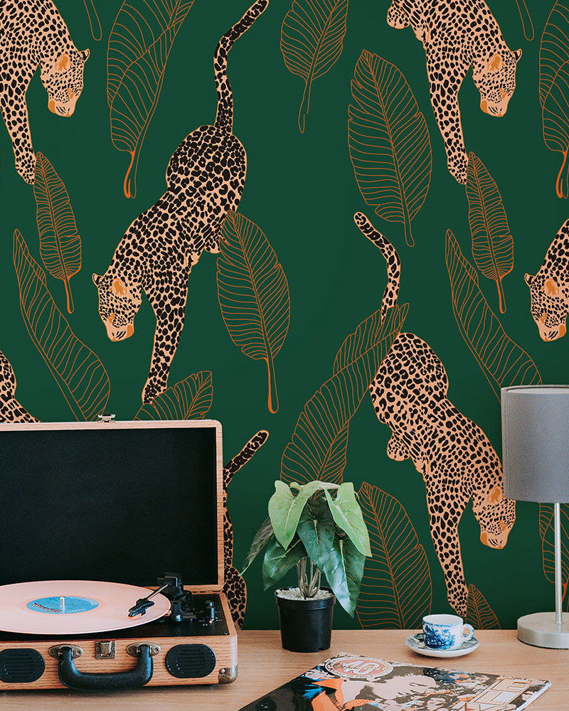Leopards Peel and Stick Wallpaper, Removable Wallpaper, Traditional Wallpaper - Emerald | DeccoPrint