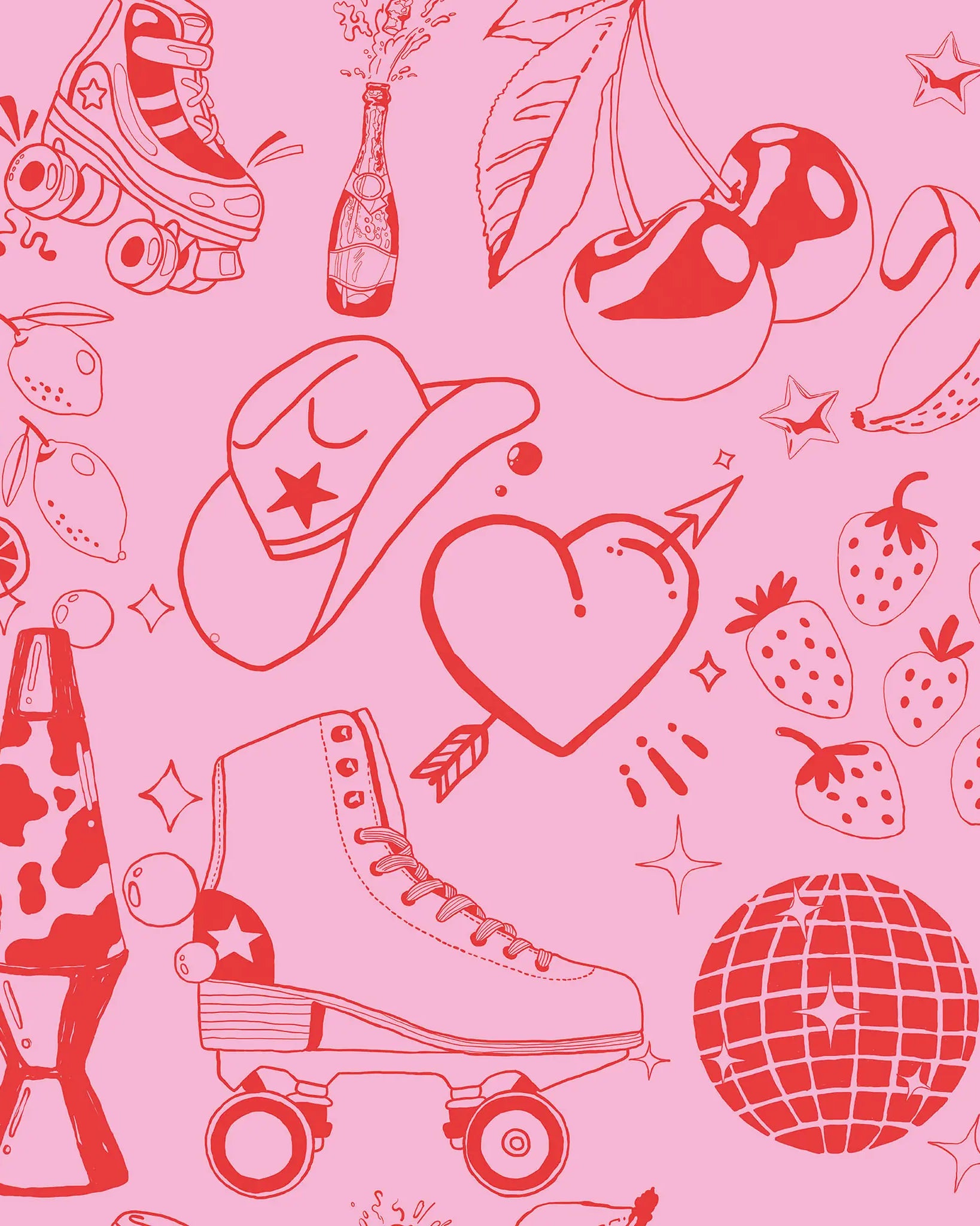 Pink pattern with roller skates, disco ball, and other retro elements on a pink background