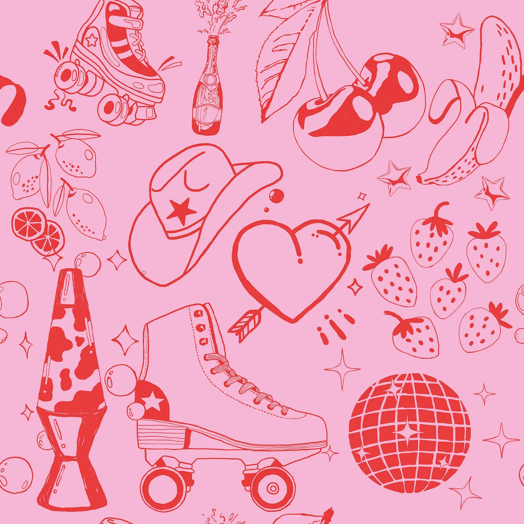 Pink pattern with roller skates, disco ball, and other retro elements on a pink background