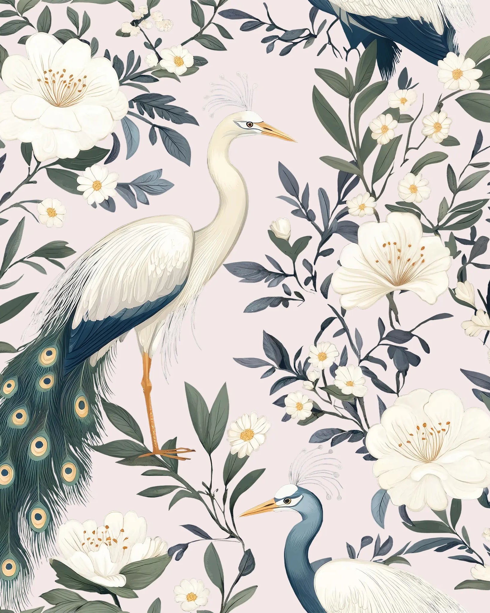 Floral pattern with peacocks and herons on a light purple background