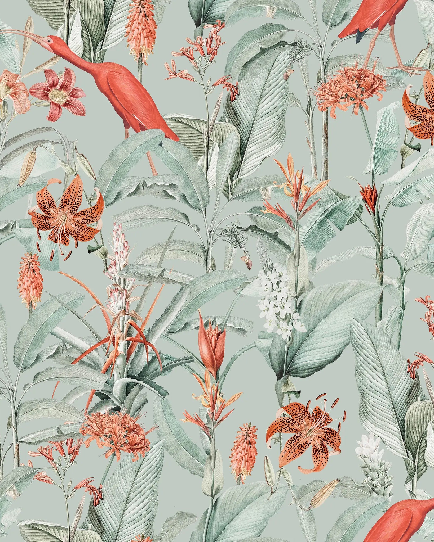 Tropical floral pattern with red birds on a light blue background