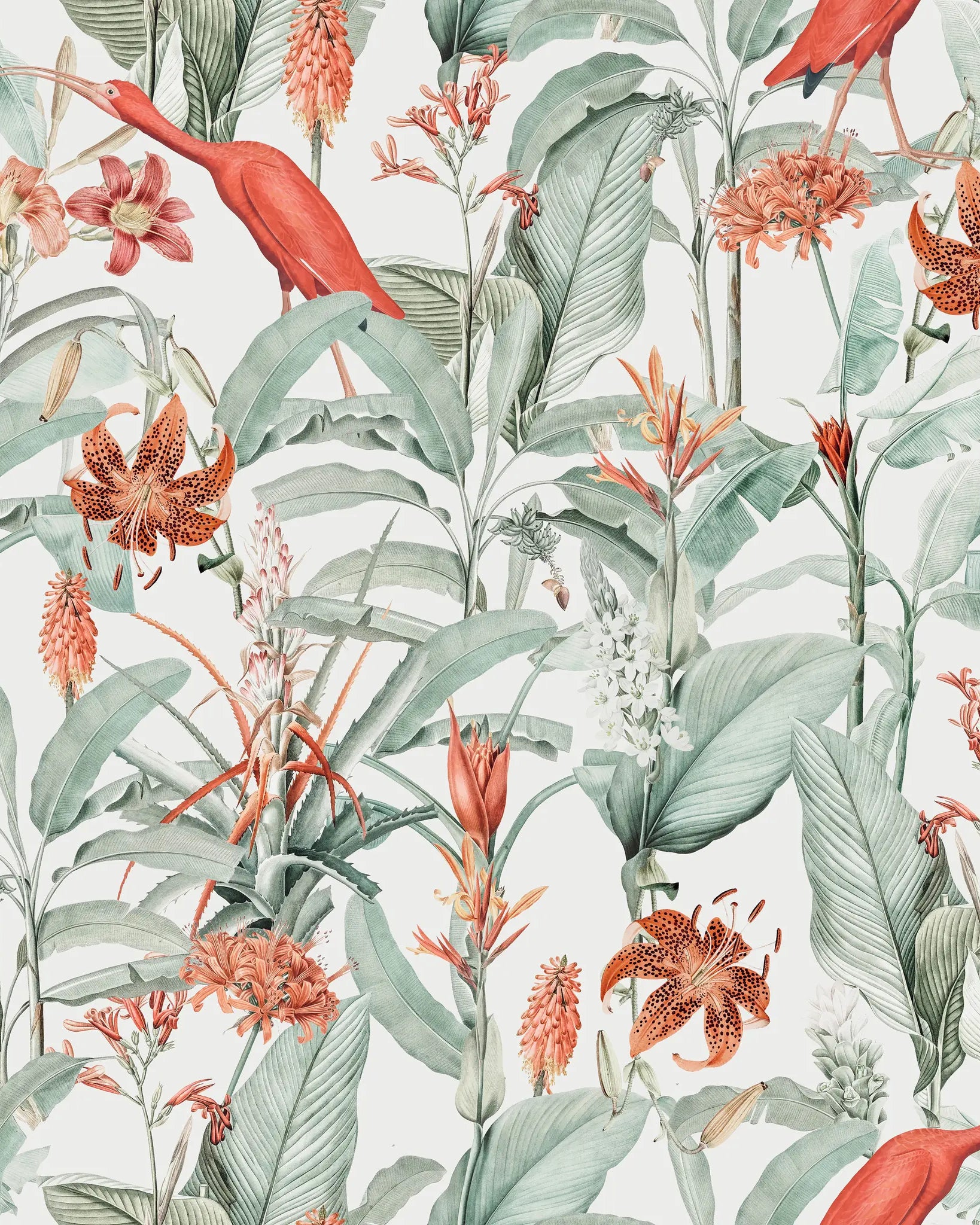 Tropical floral pattern with red birds and green leaves on a light background