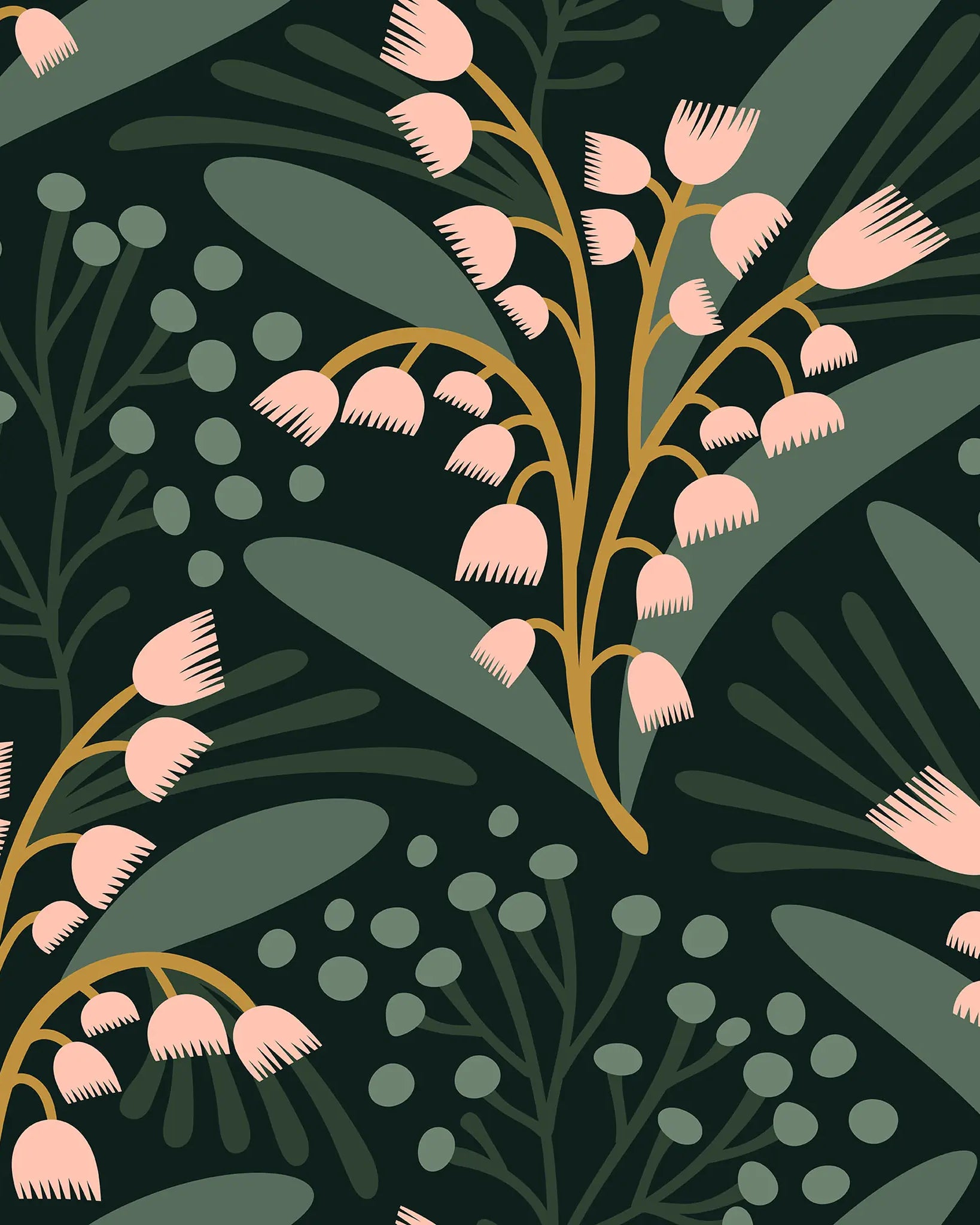Floral pattern with pink flowers and green leaves on a dark background