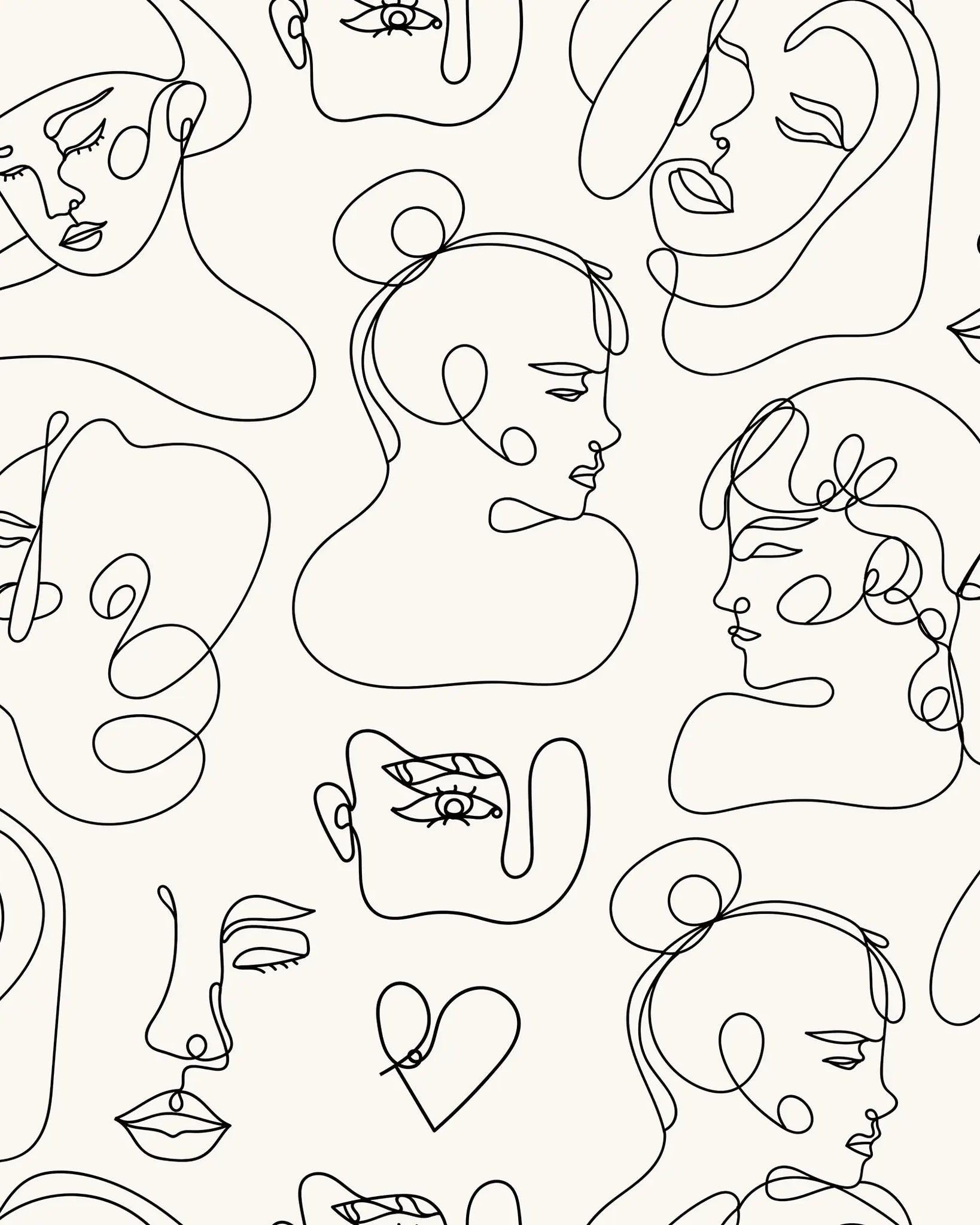Pattern of abstract line art faces on a white background