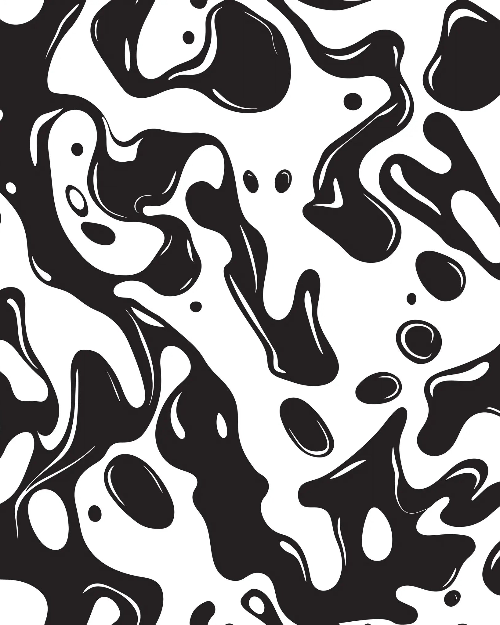 Black and white splash-like abstract pattern on a white background