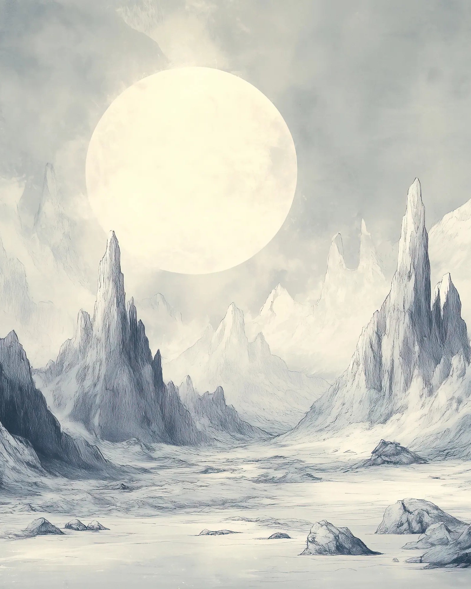 Futuristic lunar landscape with tall ice formations and a large sun in the sky