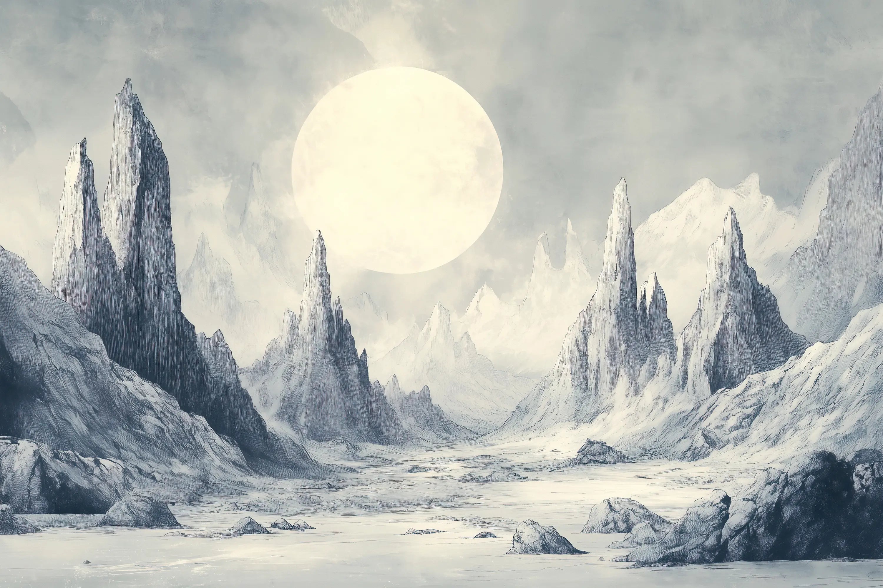 Futuristic lunar landscape with tall ice formations and a large sun in the sky