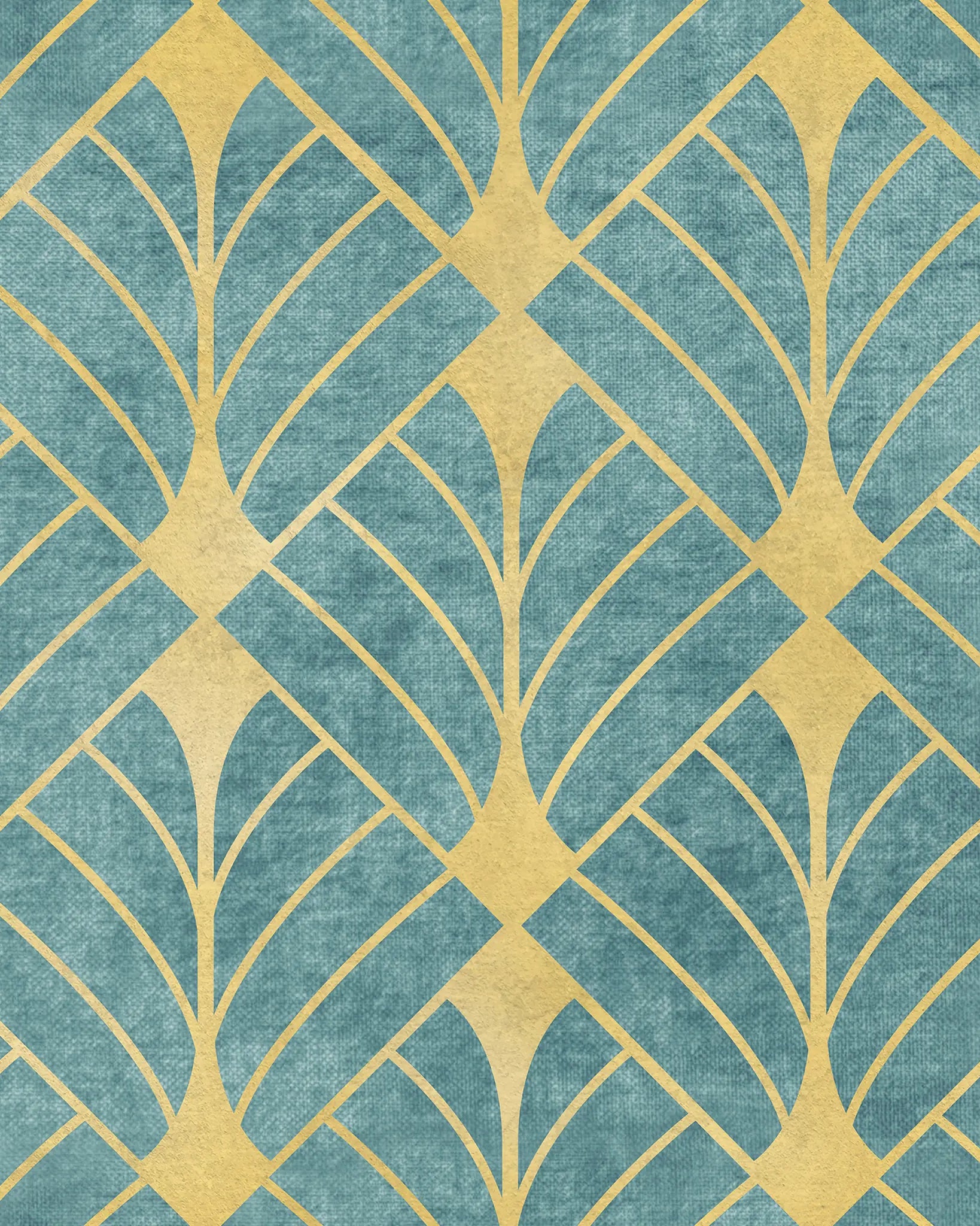 Patterned fabric with gold geometric design on a teal background