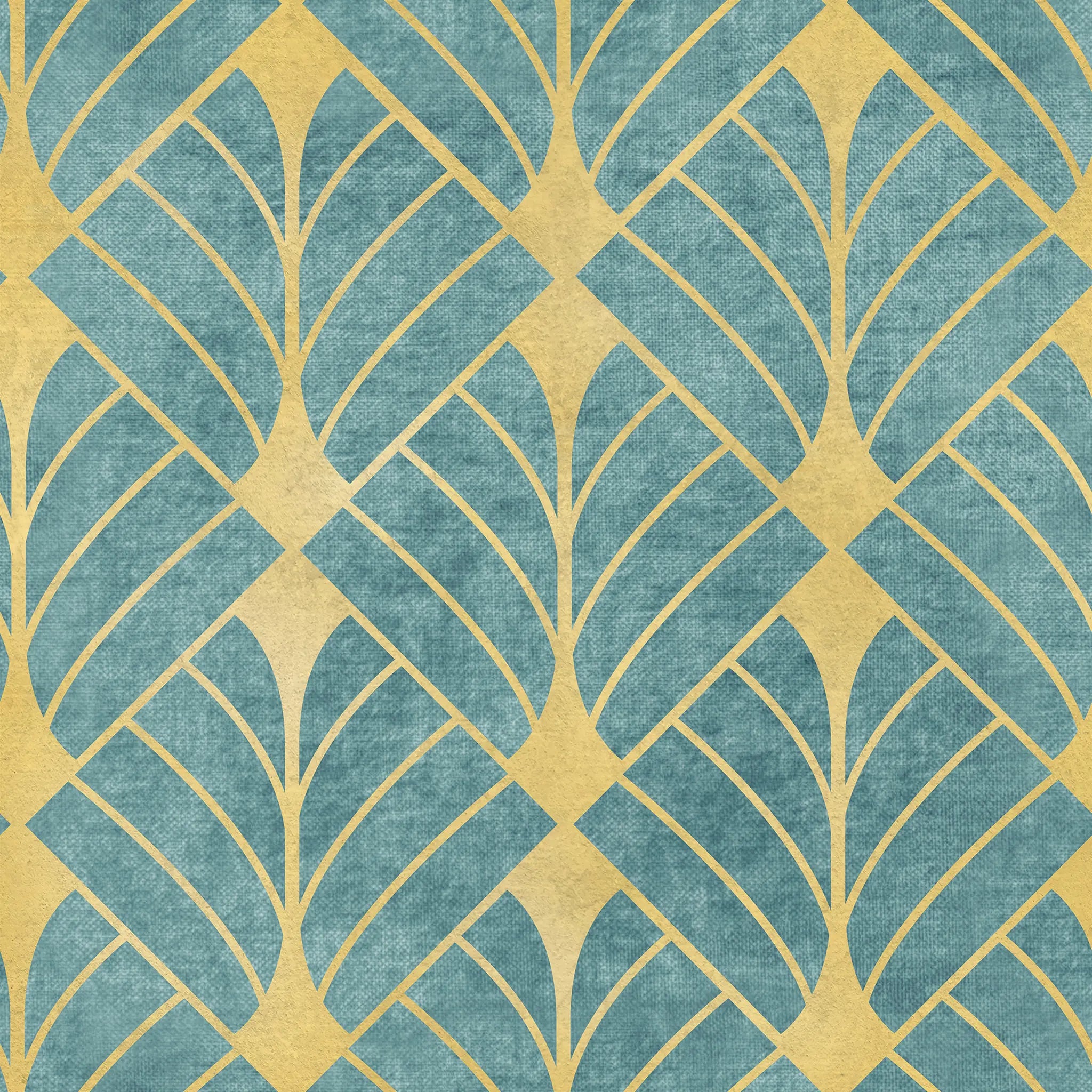 Patterned fabric with gold geometric design on a teal background
