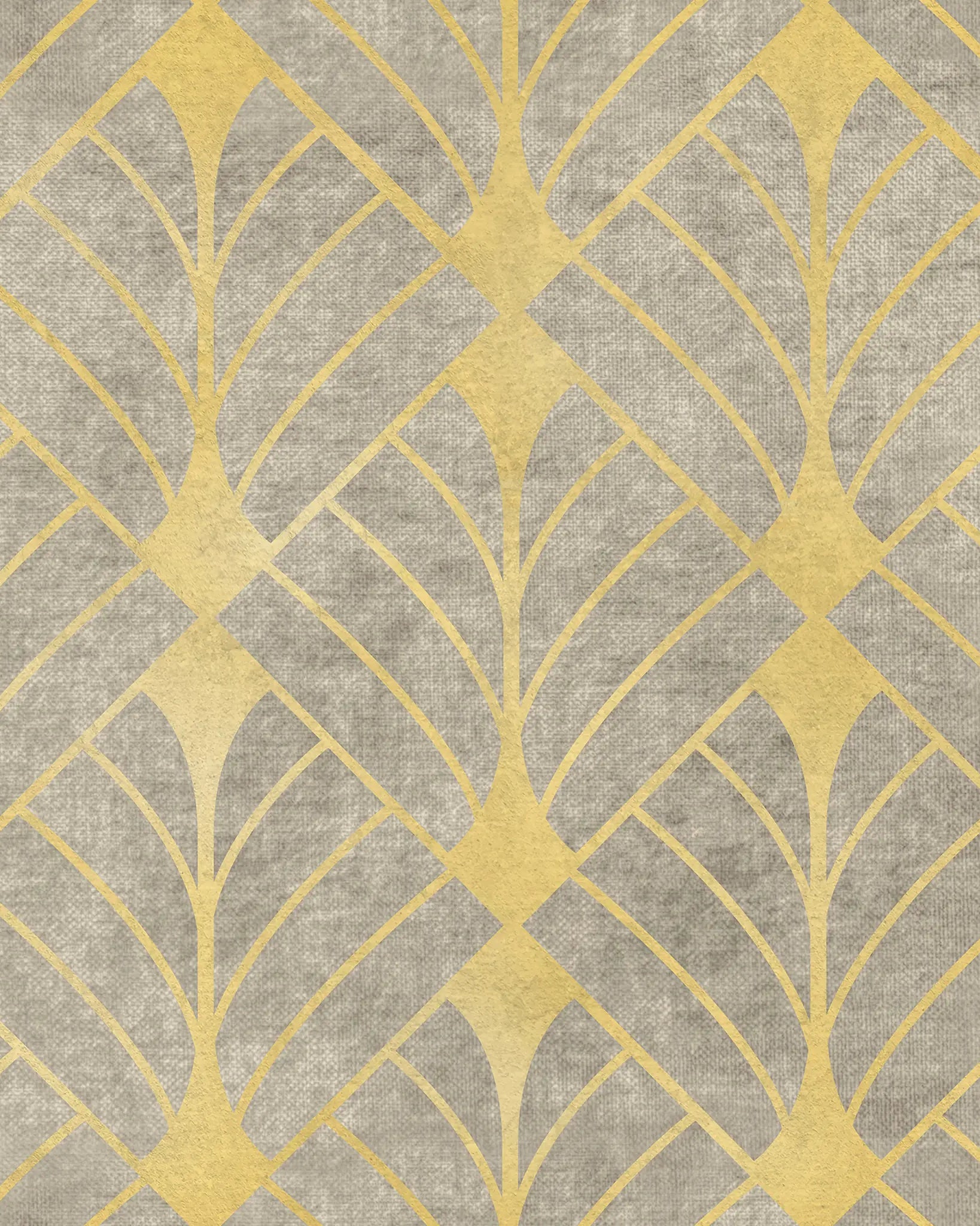Patterned fabric with geometric design in gold on gray background
