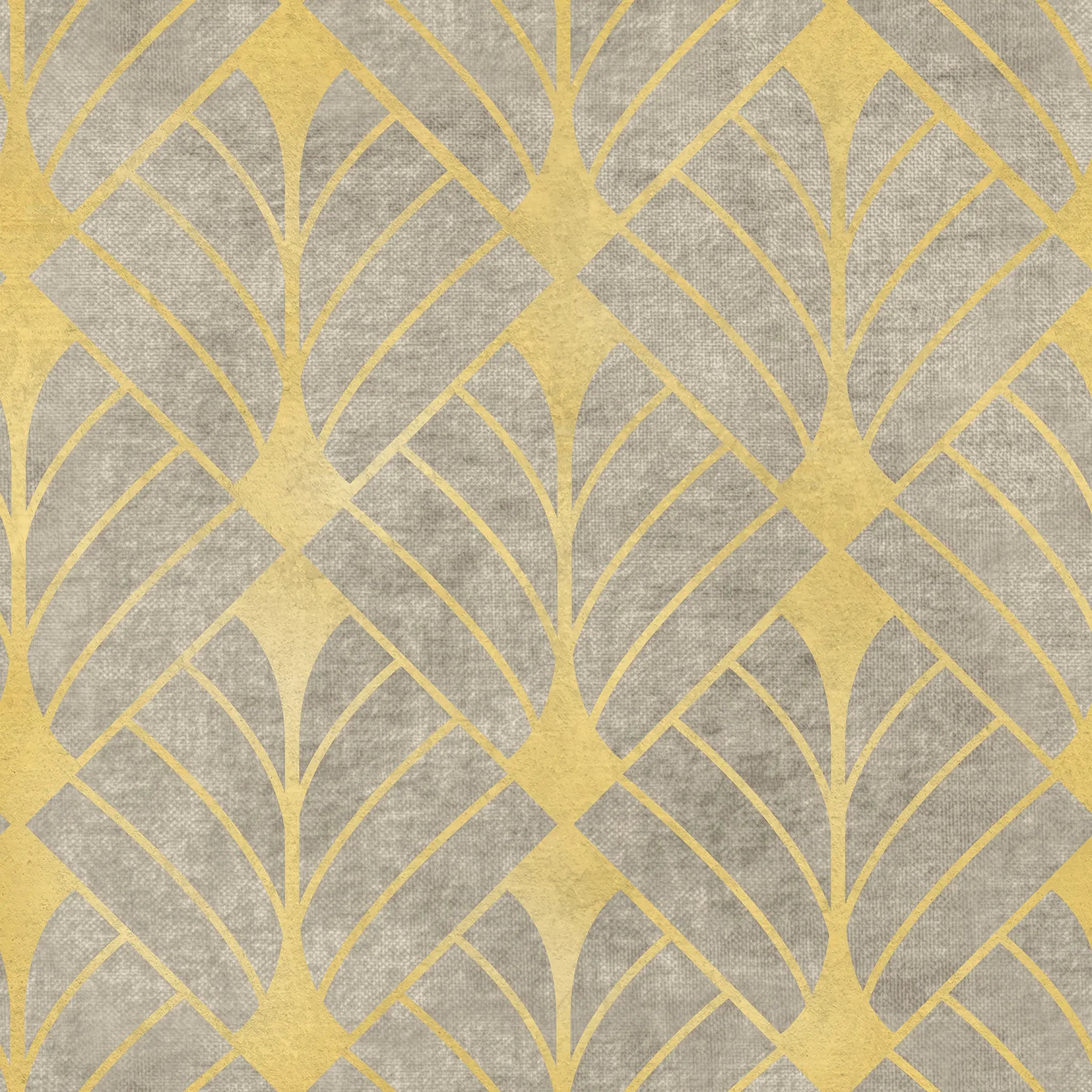 Patterned fabric with geometric design in gold on gray background