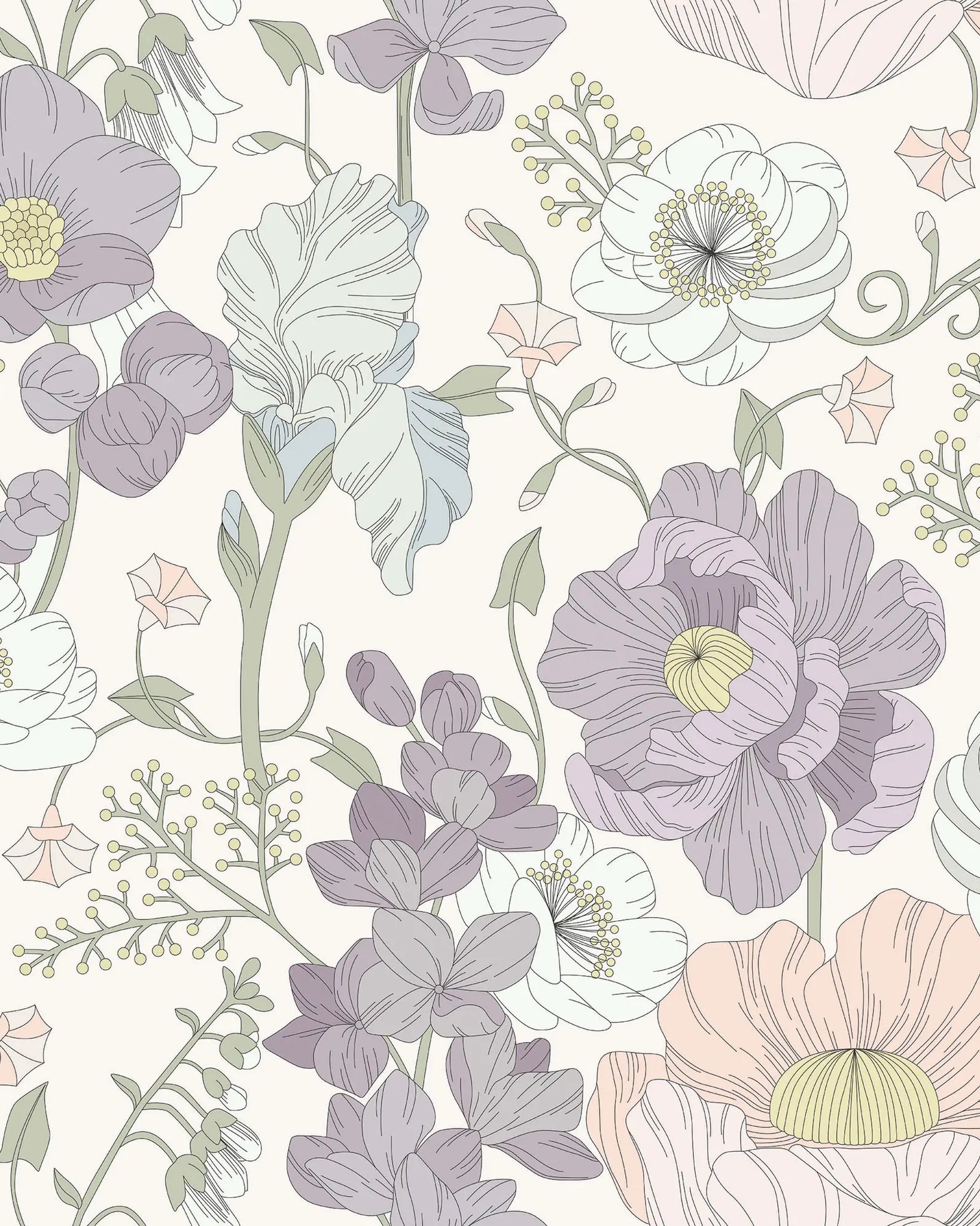 Floral pattern with purple, pink, and white flowers on a light background