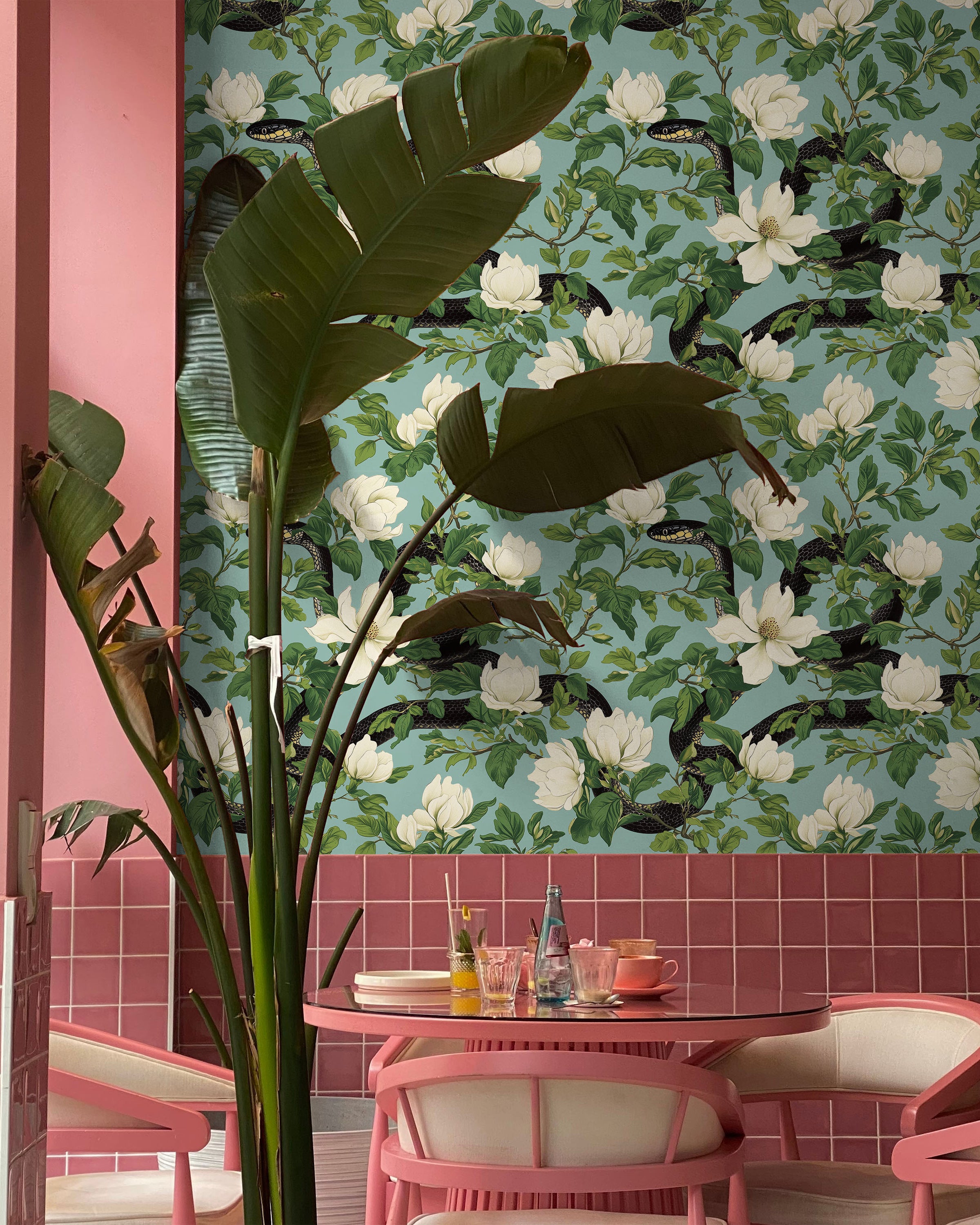 Snakes in Foliage Peel and Stick Wallpaper, Removable Wallpaper, Traditional Wallpaper - Light Teal | DeccoPrint