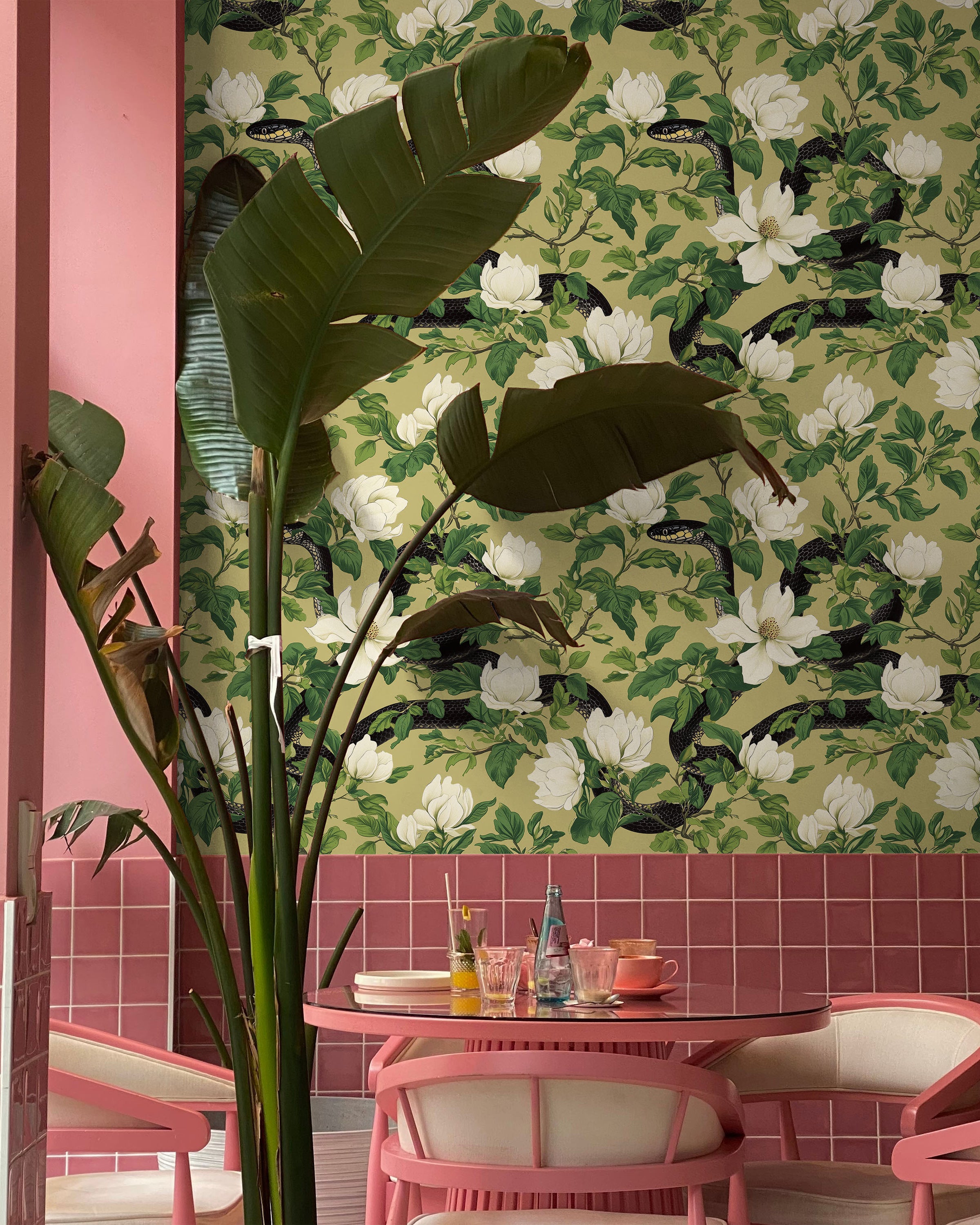 Snakes in Foliage Peel and Stick Wallpaper, Removable Wallpaper, Traditional Wallpaper - Olive Green | DeccoPrint