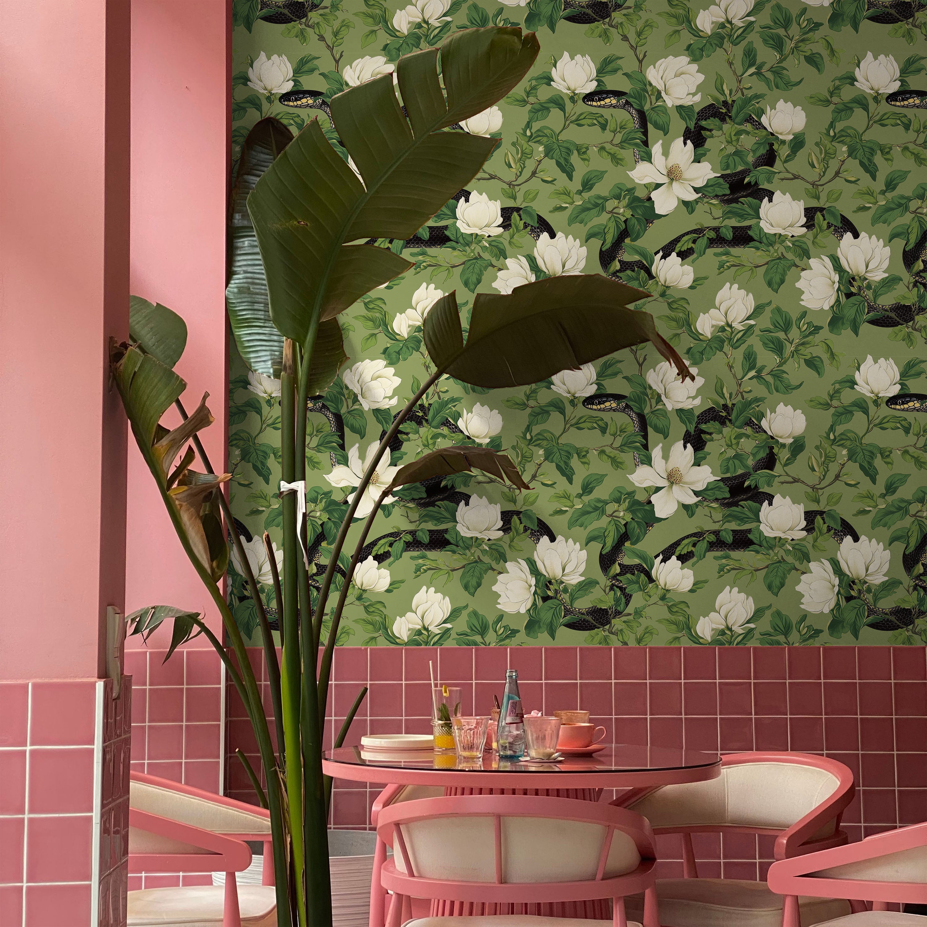 Snakes in Foliage Peel and Stick Wallpaper, Removable Wallpaper, Traditional Wallpaper - Sage Green | DeccoPrint