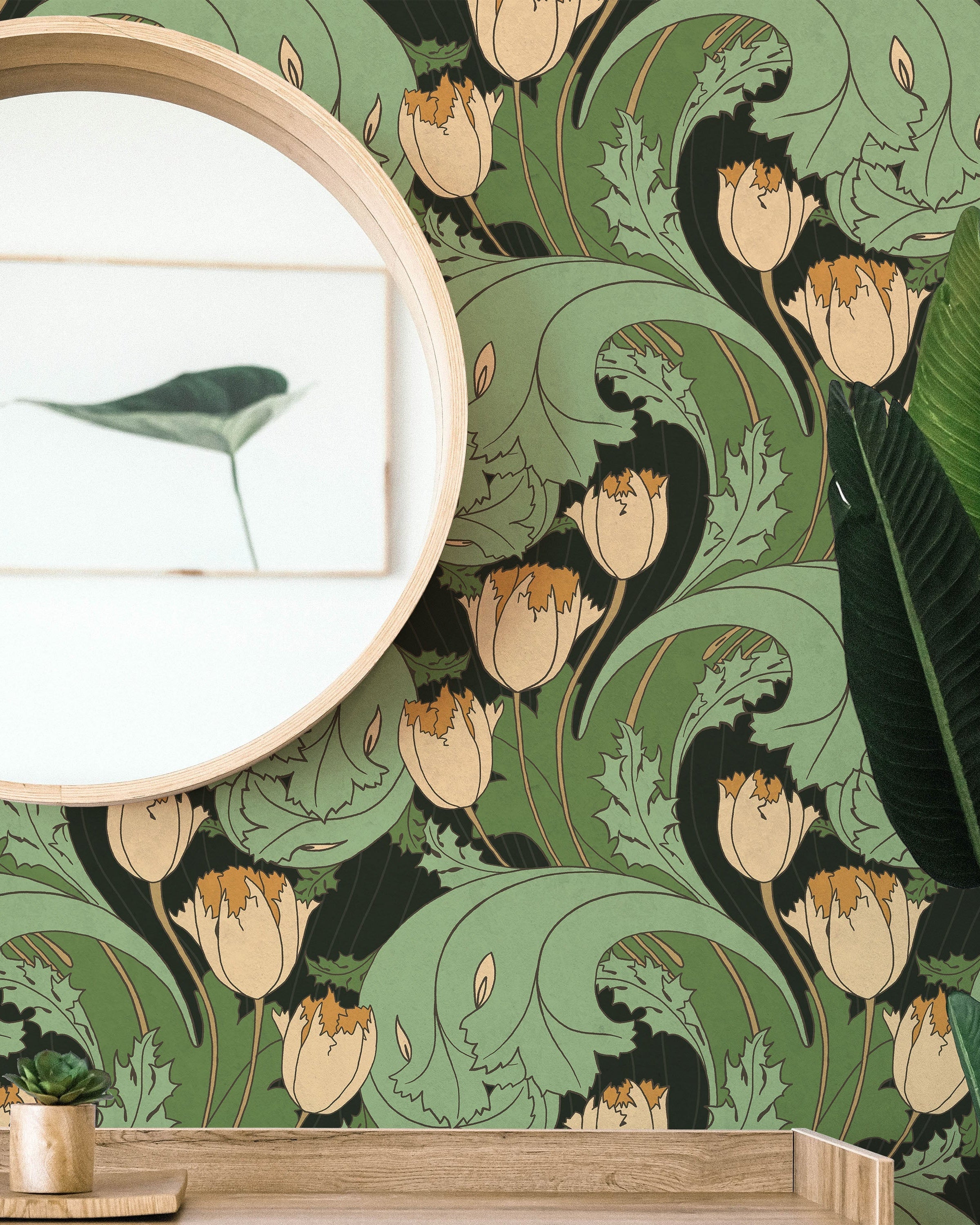 C.F.A. Voysey x Tulips Peel and Stick Wallpaper, Removable Wallpaper, Traditional Wallpaper - Forest Green | DeccoPrint
