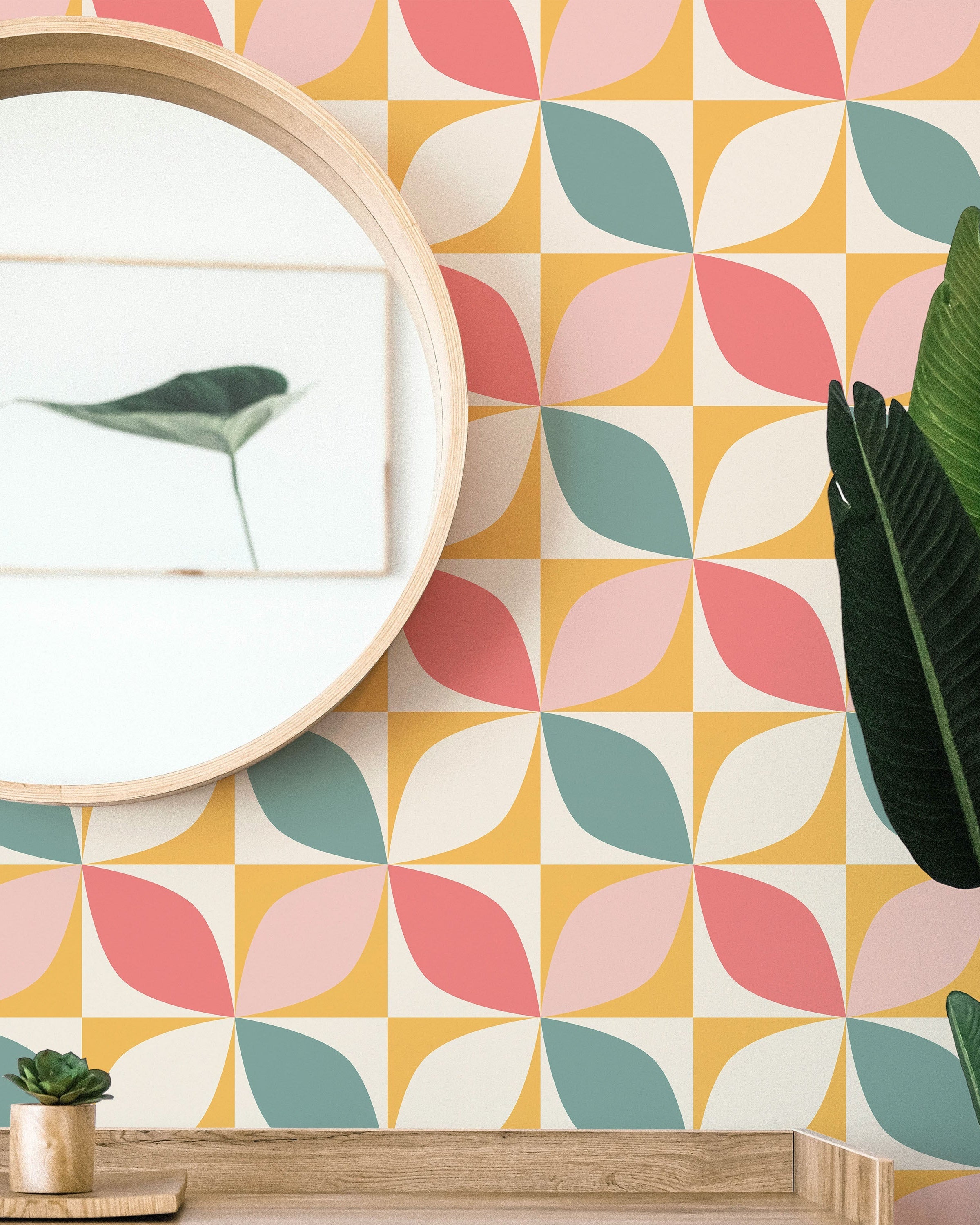 Geometric Bauhaus Peel and Stick Wallpaper, Removable Wallpaper, Traditional Wallpaper - Pink | DeccoPrint