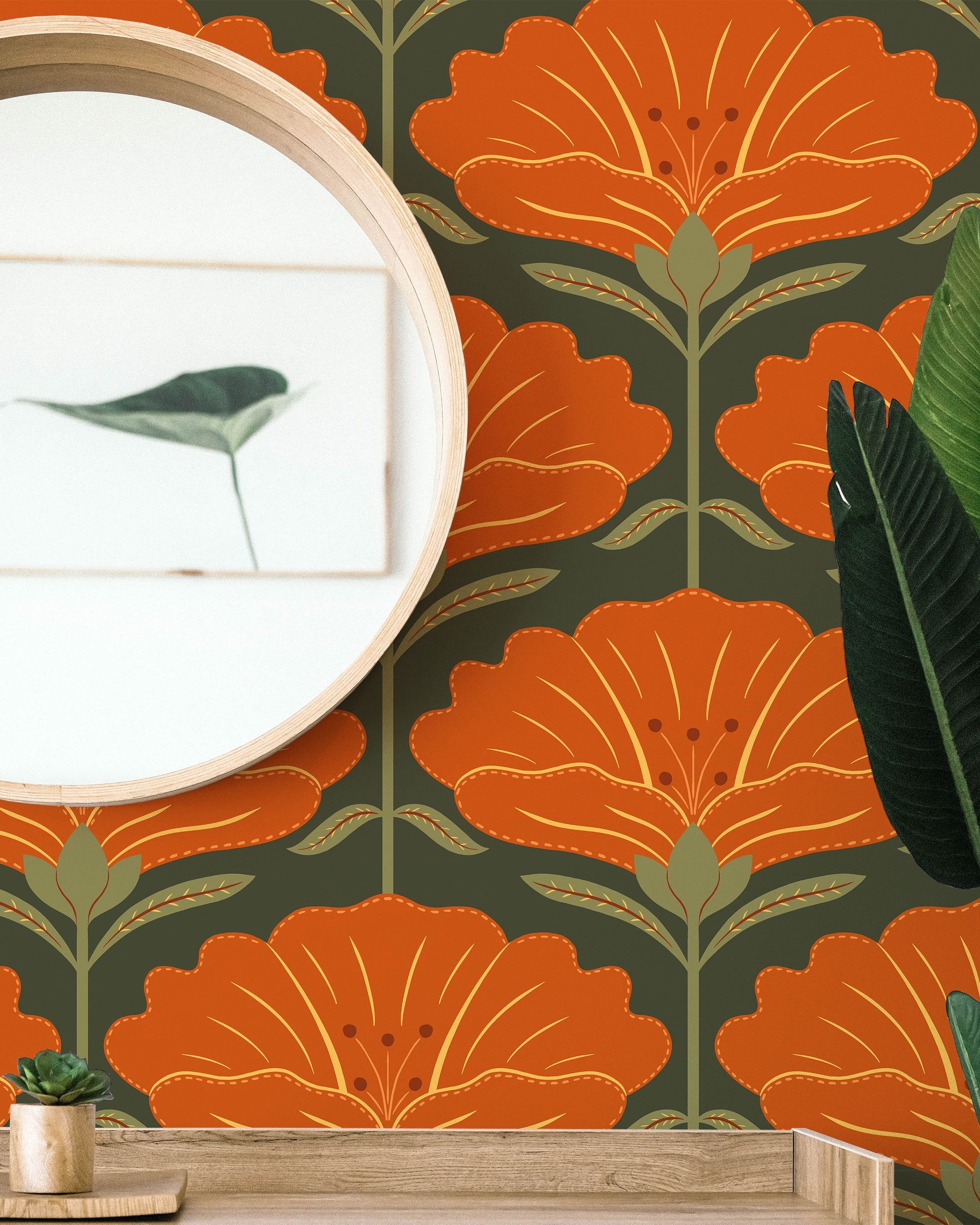 Dreamy Daisies Peel and Stick Wallpaper, Removable Wallpaper, Traditional Wallpaper - Orange | DeccoPrint