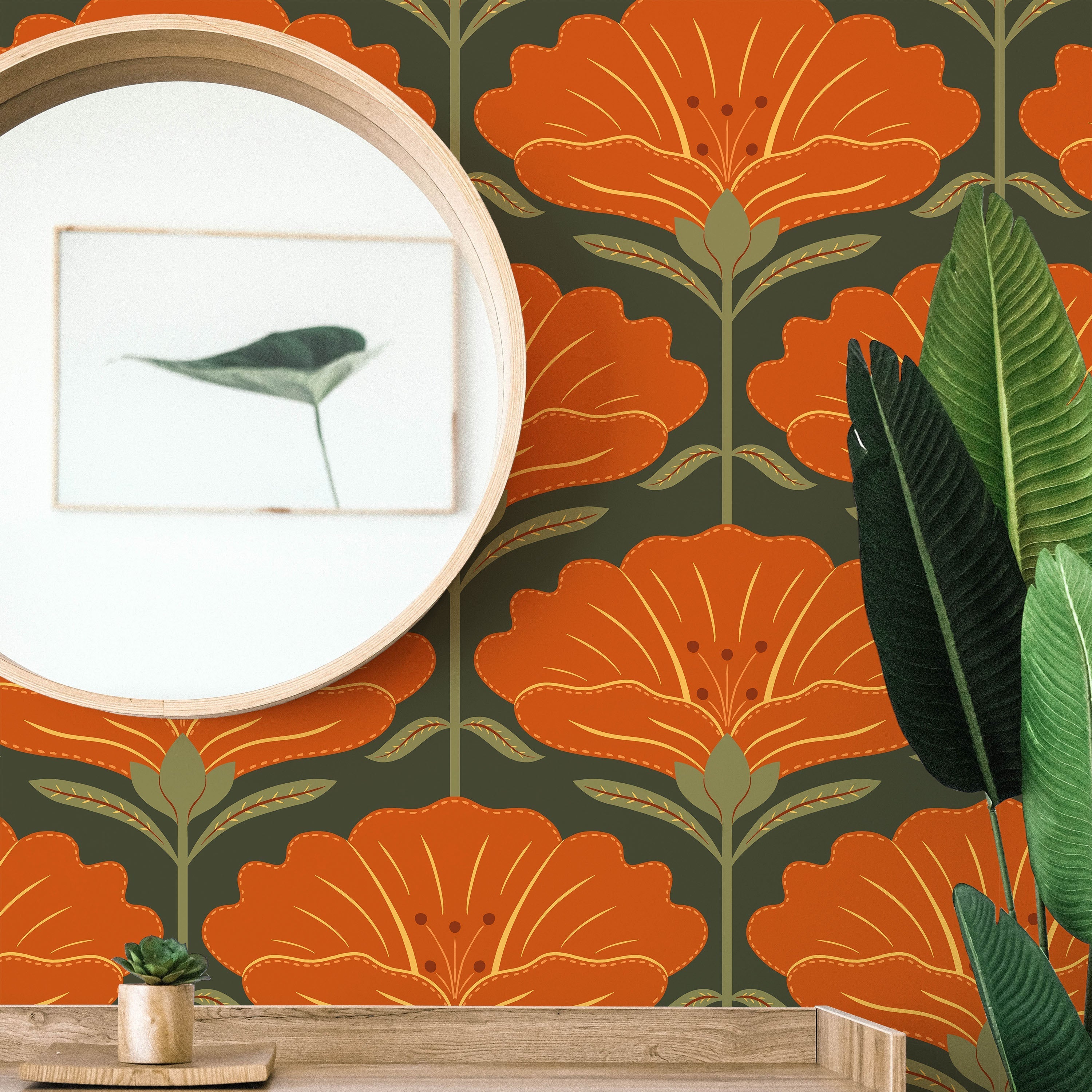 Dreamy Daisies Peel and Stick Wallpaper, Removable Wallpaper, Traditional Wallpaper - Orange | DeccoPrint