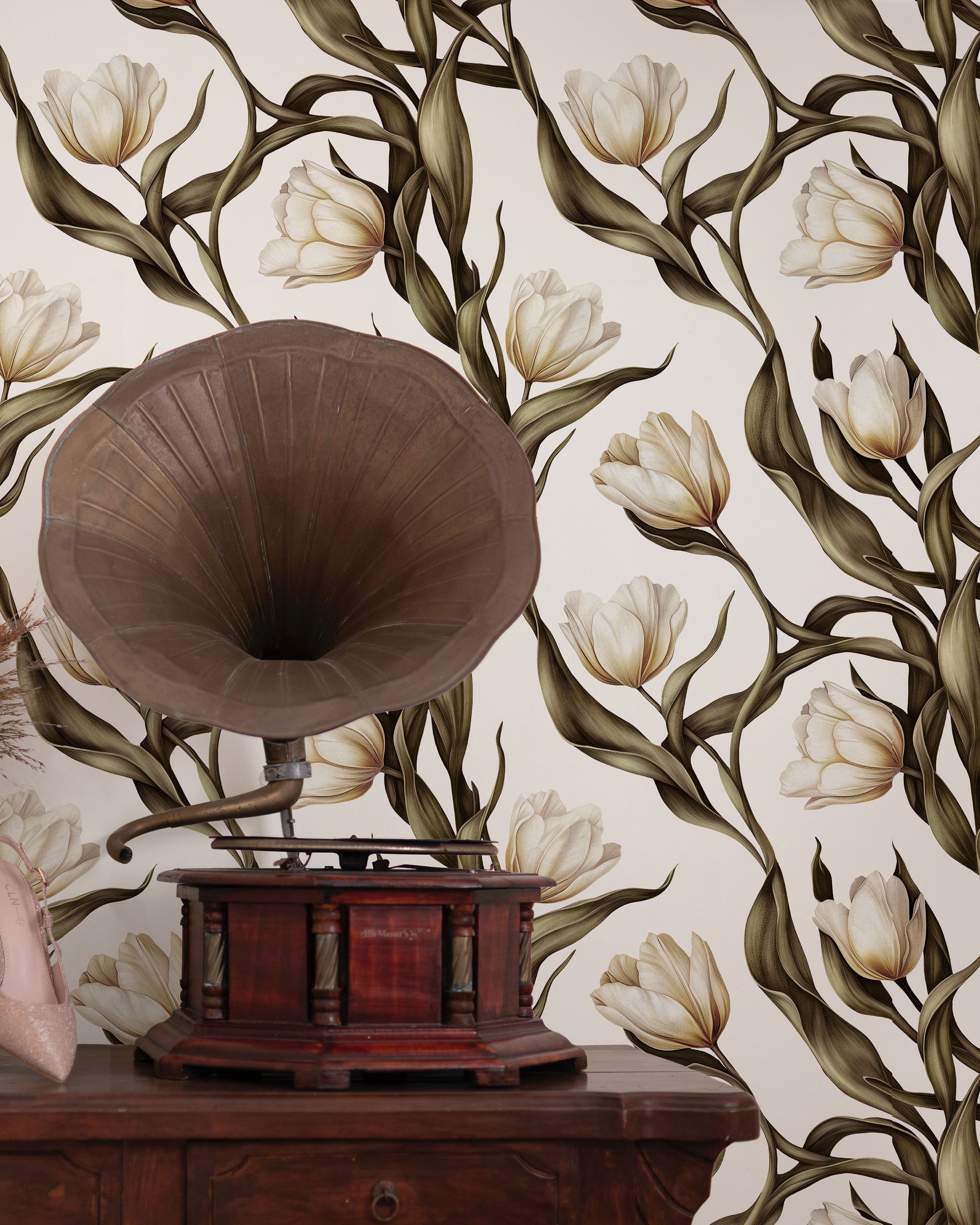 Spring Tulips Peel and Stick Wallpaper, Removable Wallpaper, Traditional Wallpaper - Ivory White | DeccoPrint