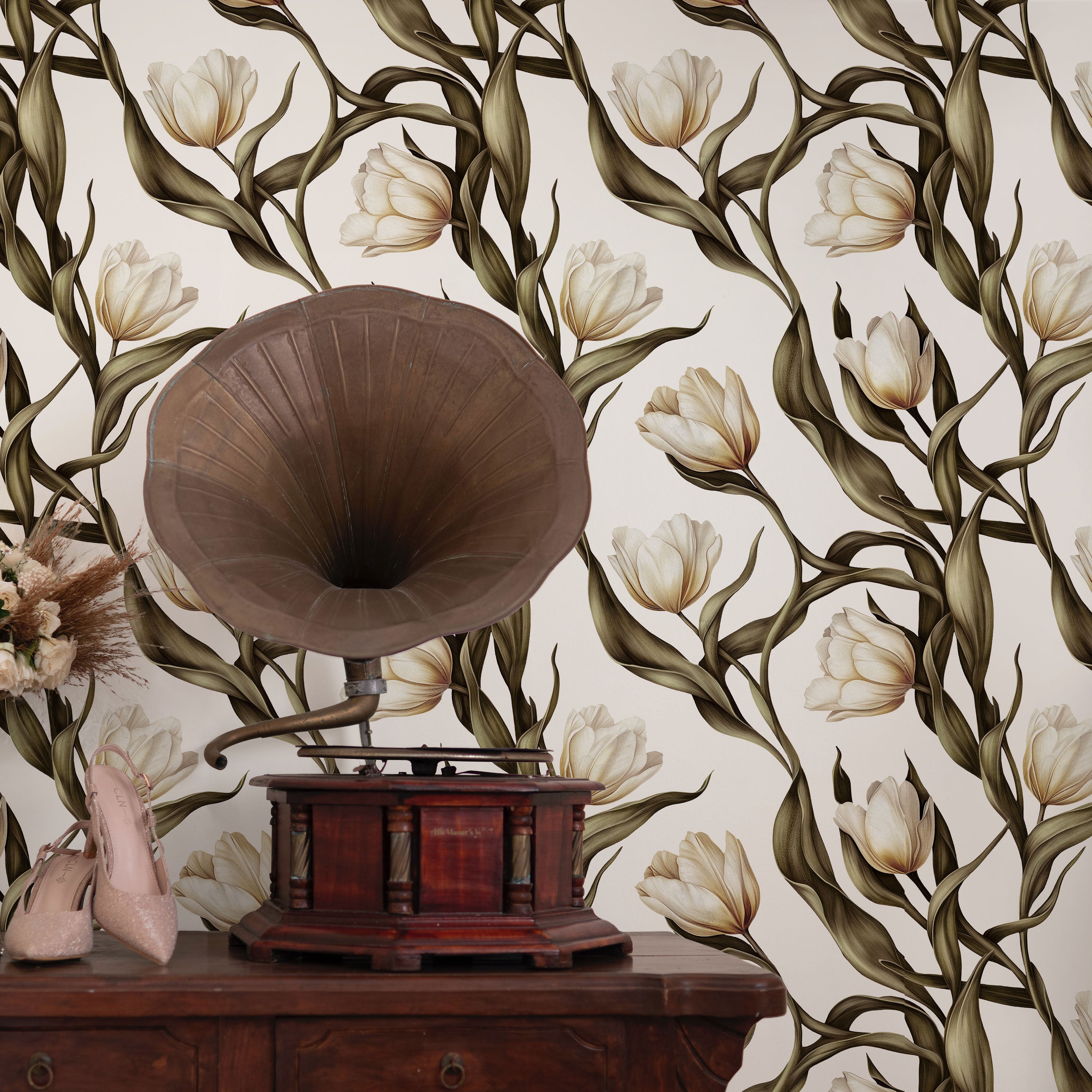 Spring Tulips Peel and Stick Wallpaper, Removable Wallpaper, Traditional Wallpaper - Ivory White | DeccoPrint