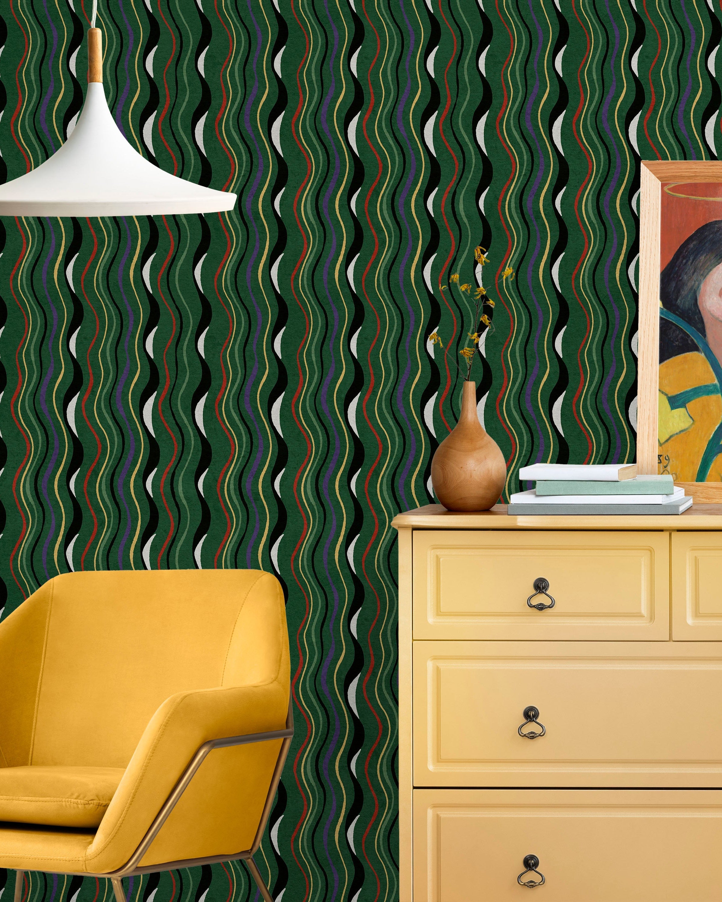 Furuya Korin x Korin Waves Peel and Stick Wallpaper, Removable Wallpaper, Traditional Wallpaper - Deep Green | DeccoPrint
