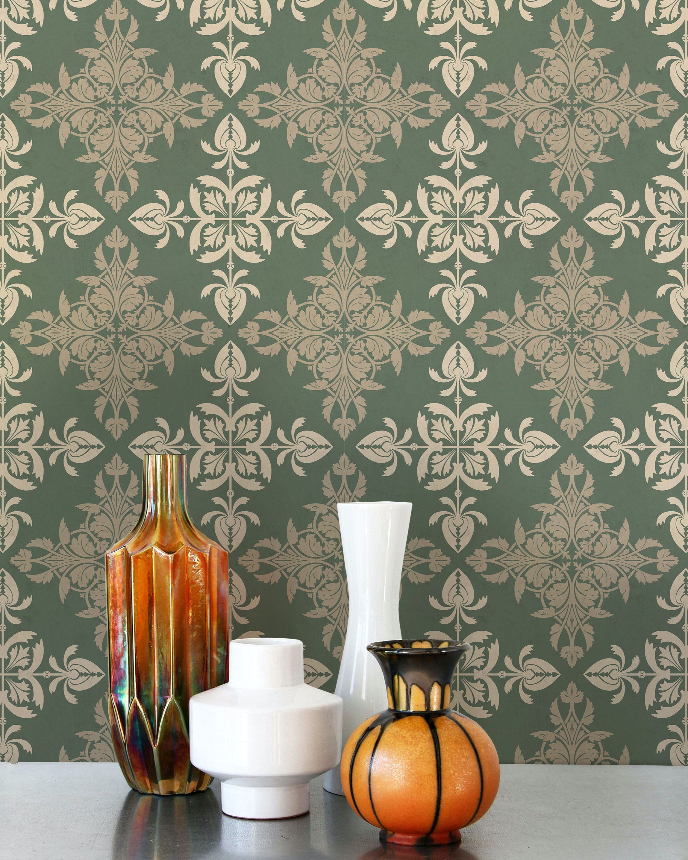 Christopher Dresser x Decorative Symmetry Peel and Stick Wallpaper, Removable Wallpaper, Traditional Wallpaper - Dusty Green | DeccoPrint