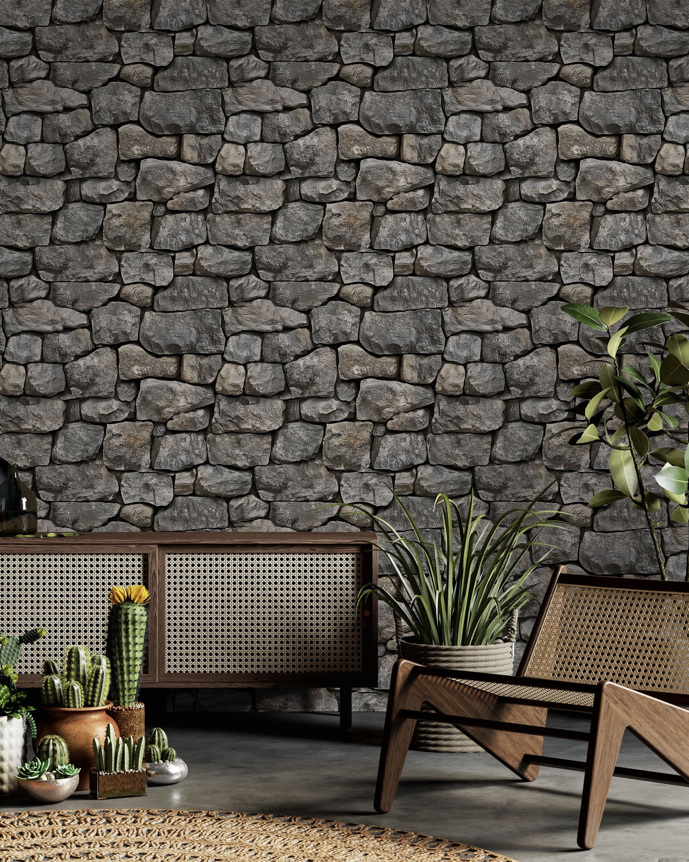 Urban Masonry Peel and Stick Wallpaper, Removable Wallpaper, Traditional Wallpaper - Charcoal Stones | DeccoPrint