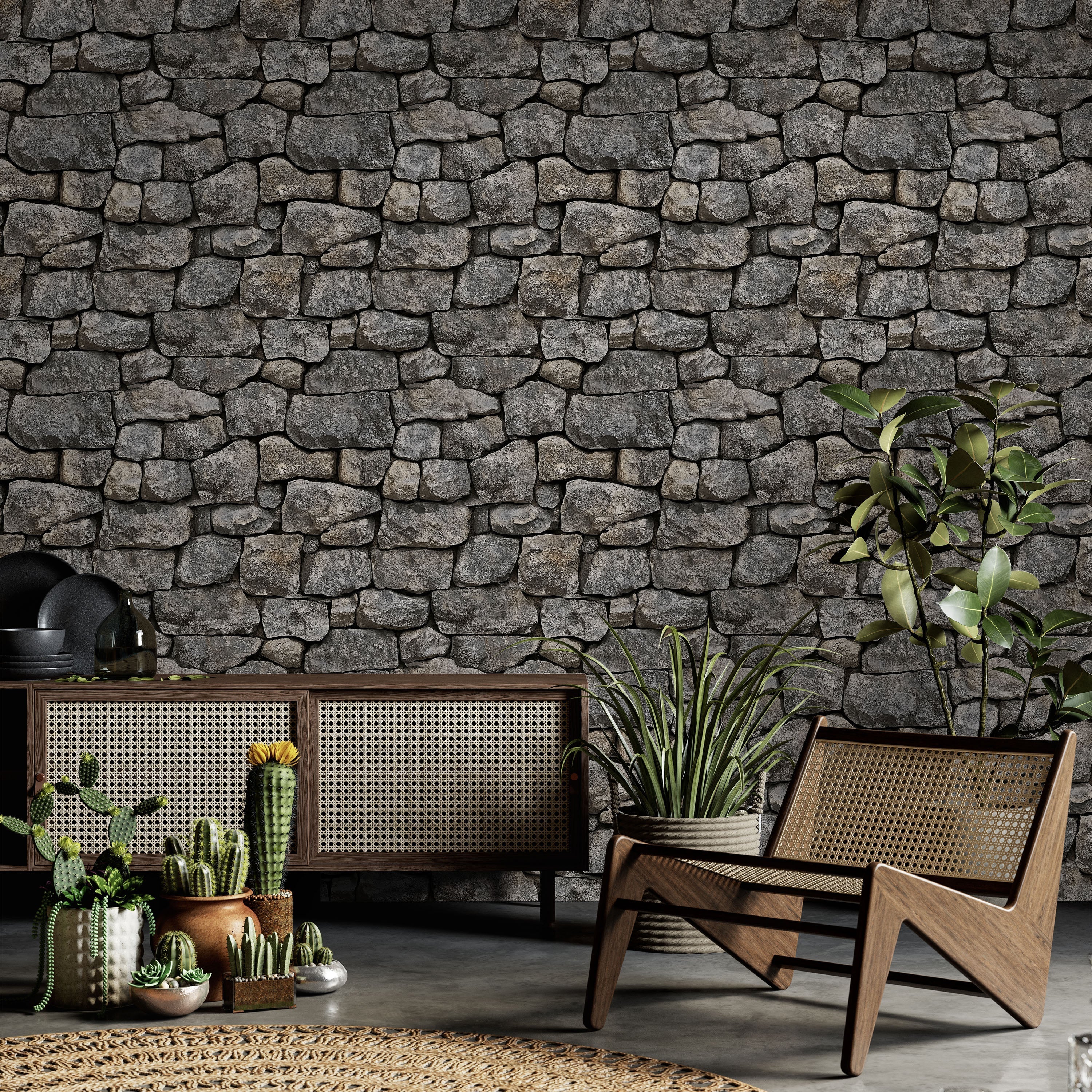 Urban Masonry Peel and Stick Wallpaper, Removable Wallpaper, Traditional Wallpaper - Charcoal Stones | DeccoPrint