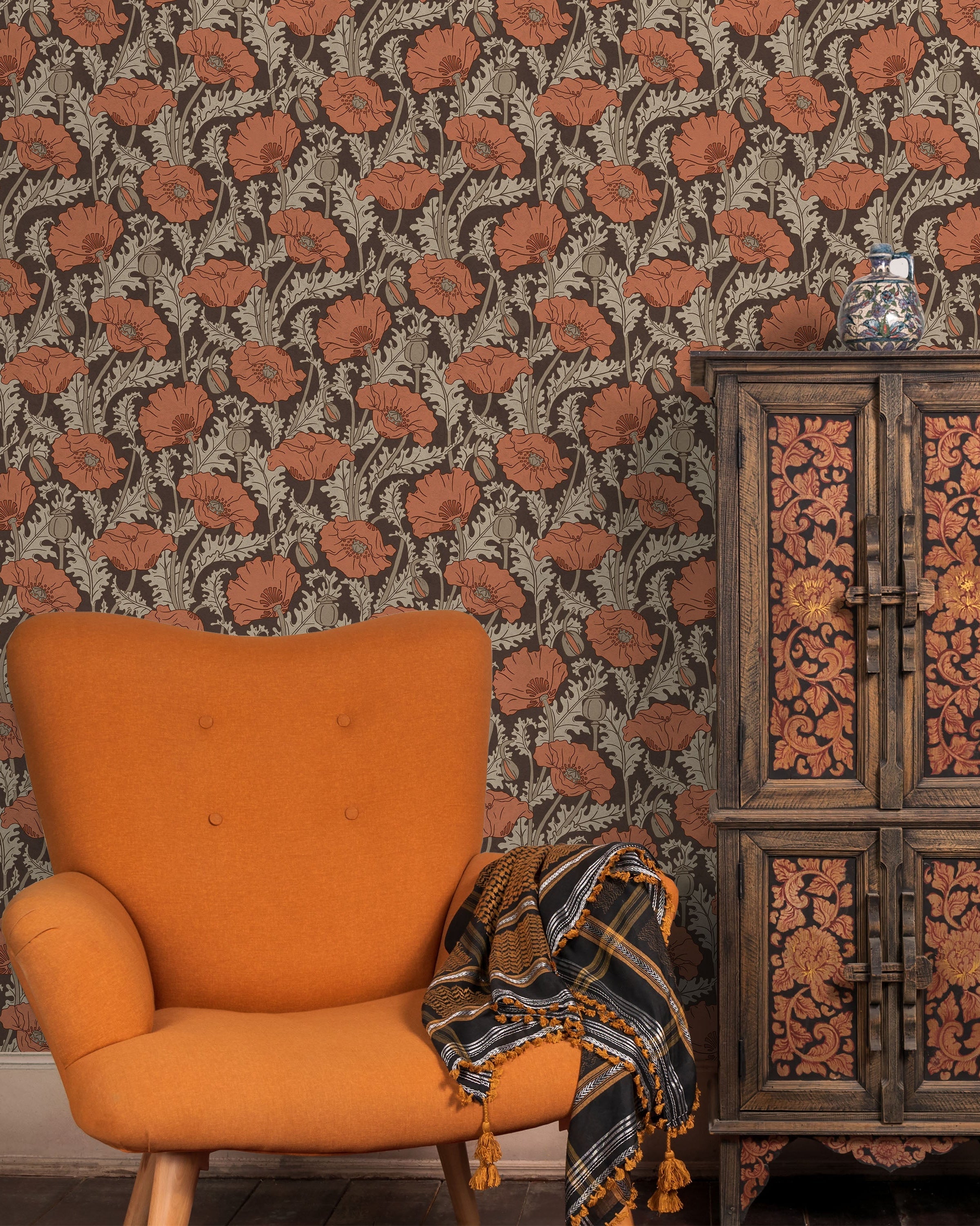 Maurice Pillard Verneuil x Poppy Peel and Stick Wallpaper, Removable Wallpaper, Traditional Wallpaper - Terracotta Orange | DeccoPrint