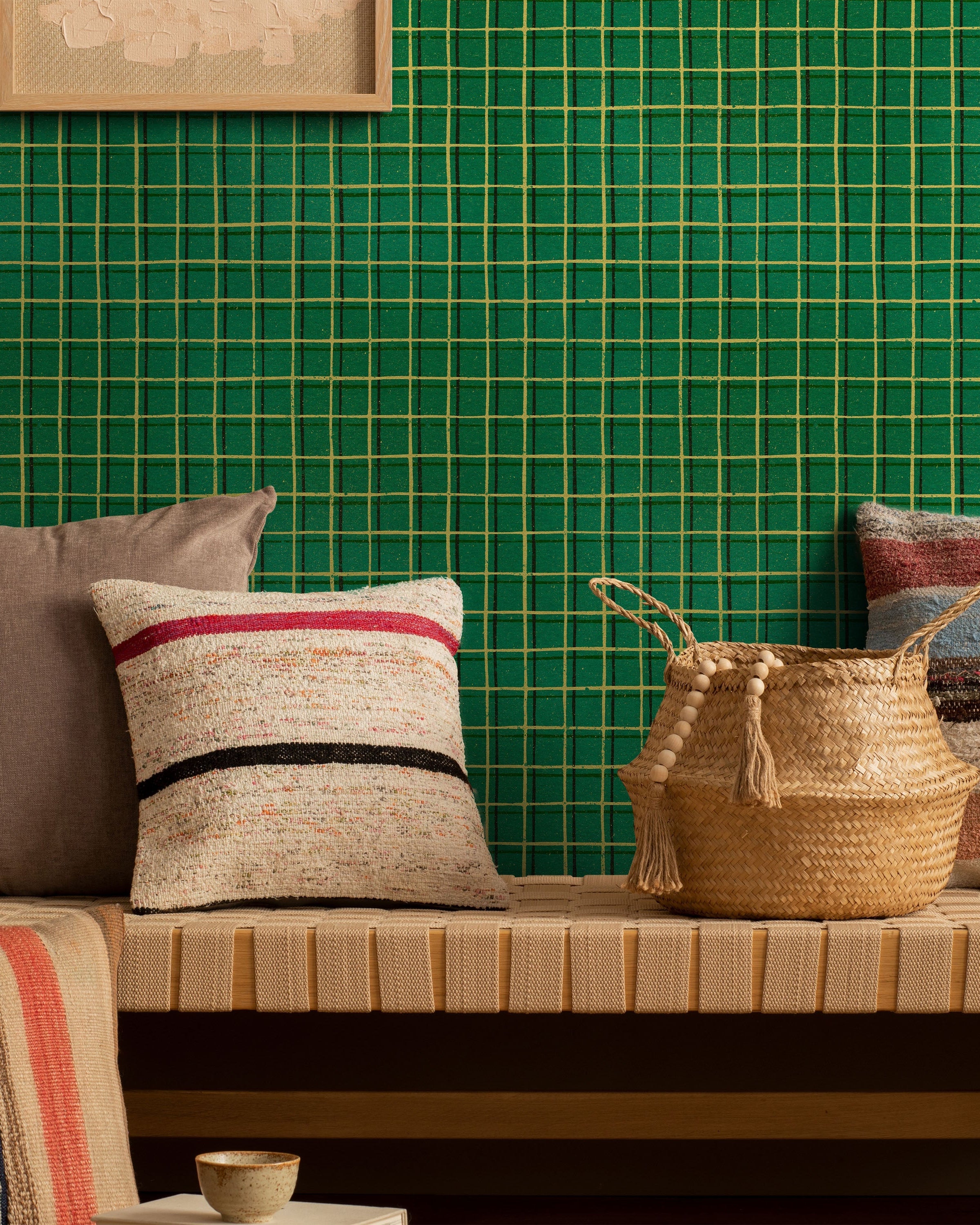 Furuya Korin x Korin Zen Grid Peel and Stick Wallpaper, Removable Wallpaper, Traditional Wallpaper - Vintage Green | DeccoPrint