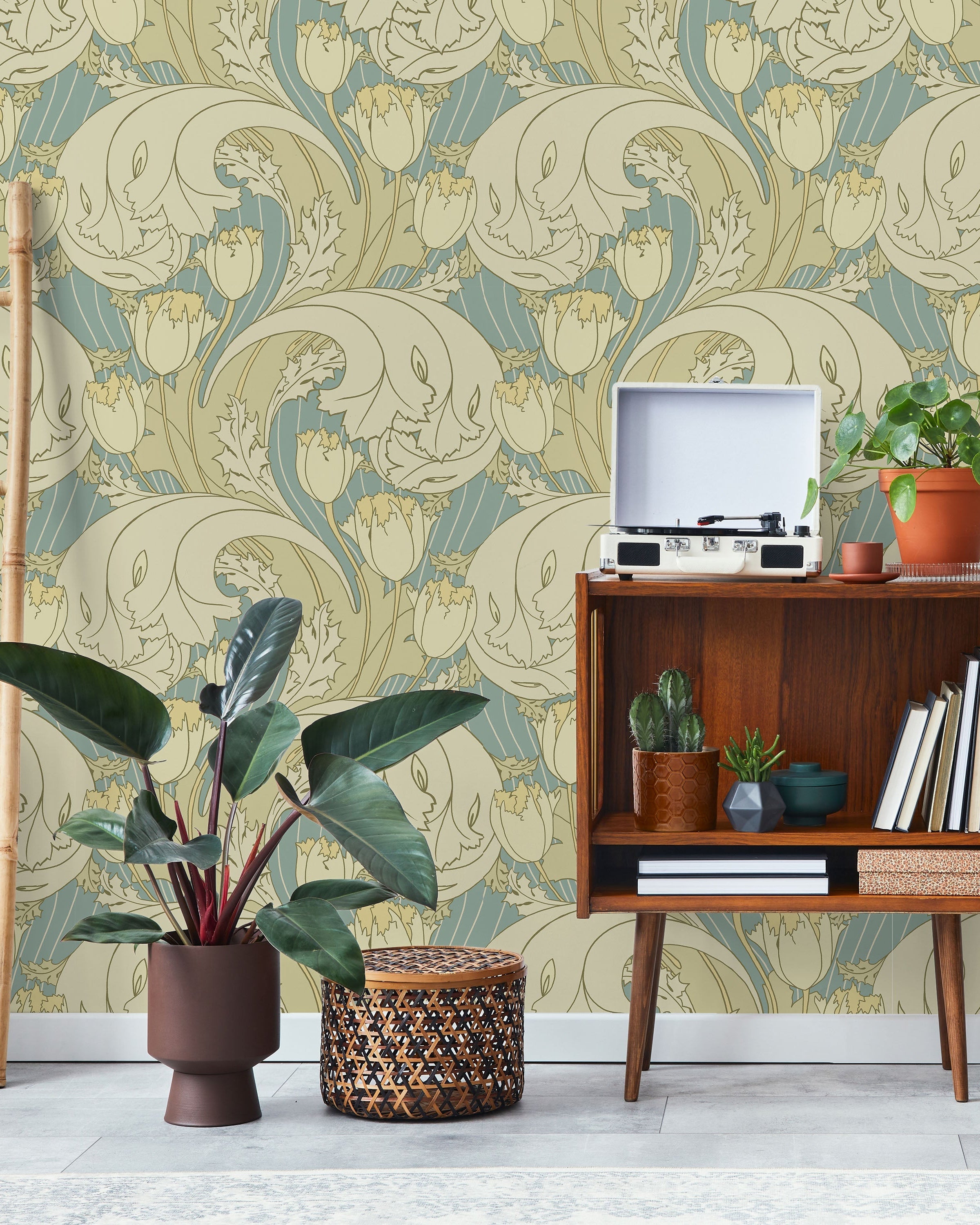 C.F.A. Voysey x Tulips Peel and Stick Wallpaper, Removable Wallpaper, Traditional Wallpaper - Faded Blue | DeccoPrint