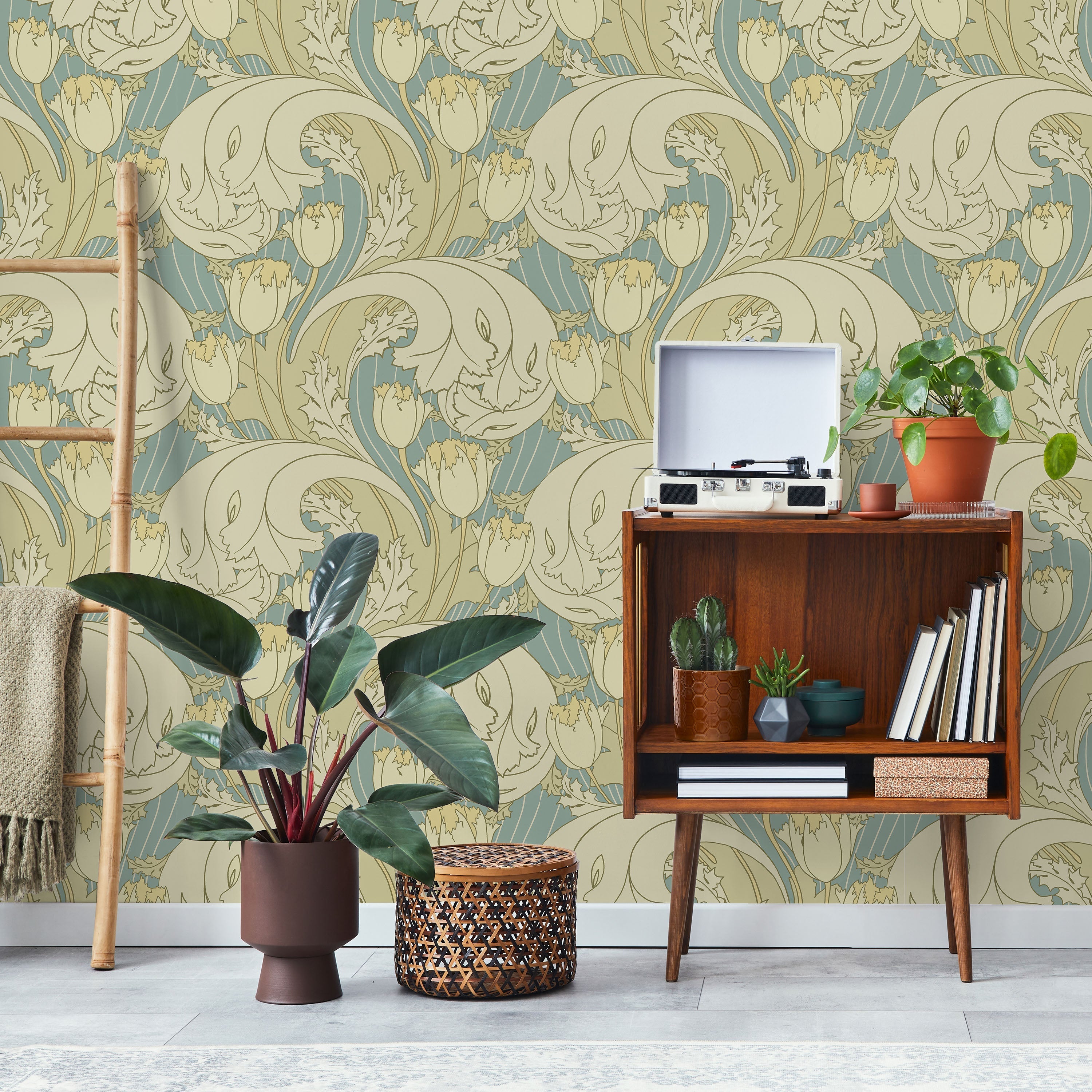 C.F.A. Voysey x Tulips Peel and Stick Wallpaper, Removable Wallpaper, Traditional Wallpaper - Faded Blue | DeccoPrint