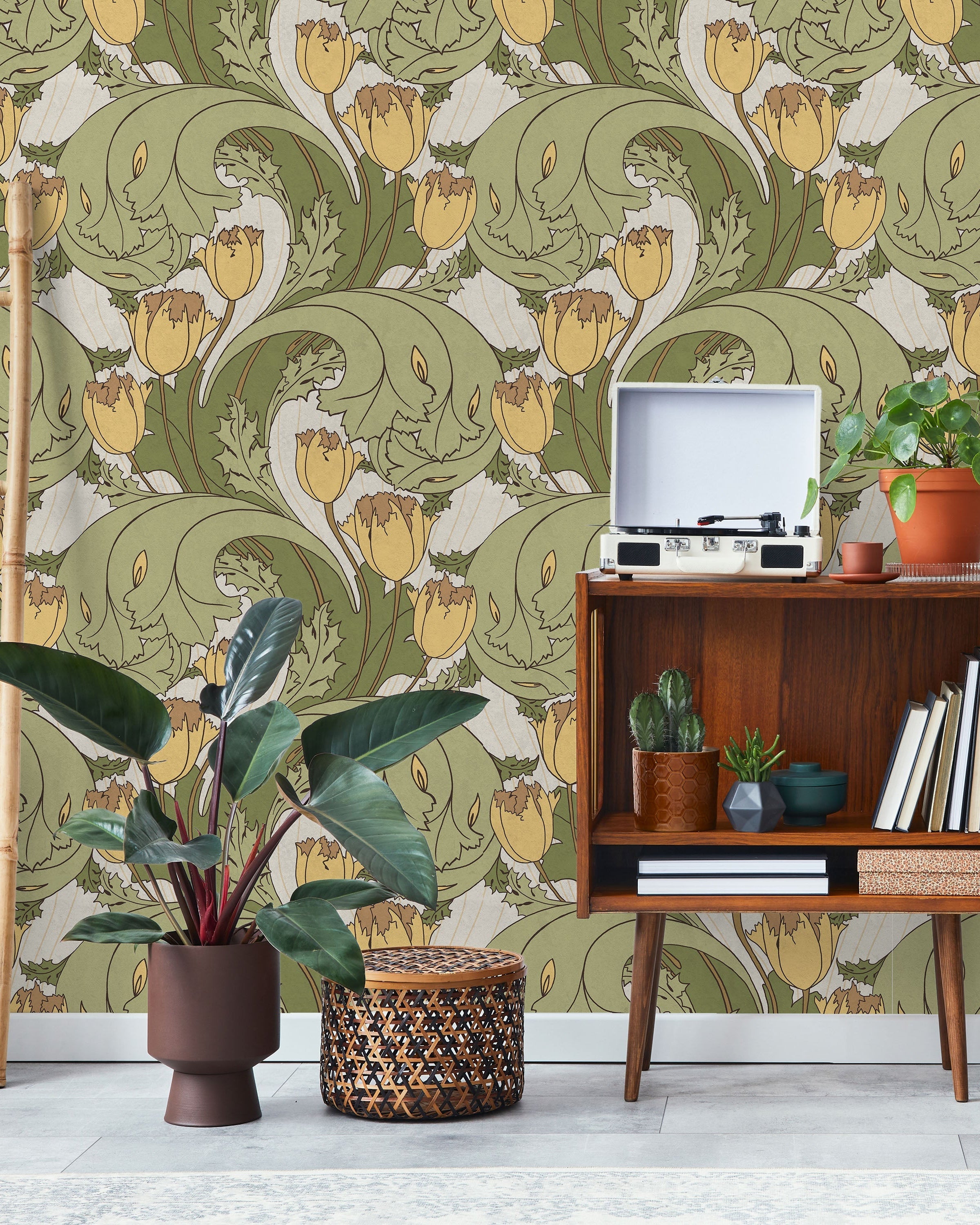 C.F.A. Voysey x Tulips Peel and Stick Wallpaper, Removable Wallpaper, Traditional Wallpaper - Vintage Yellow | DeccoPrint
