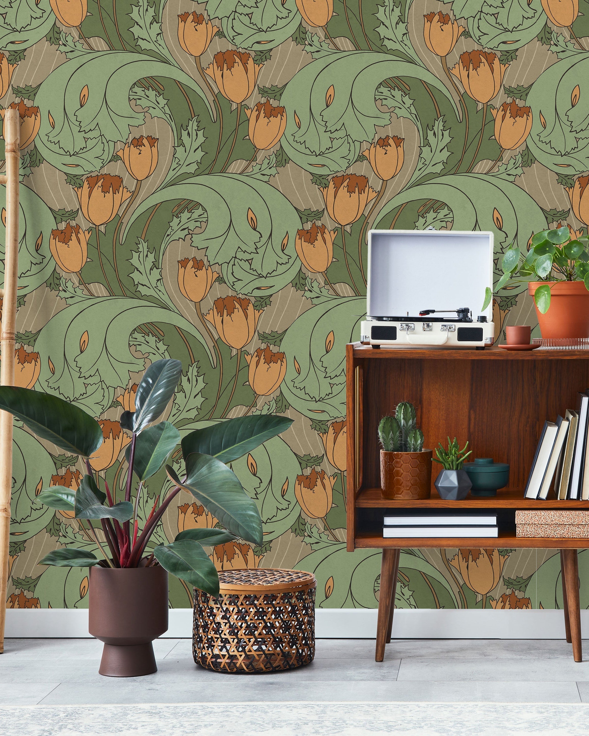 C.F.A. Voysey x Tulips Peel and Stick Wallpaper, Removable Wallpaper, Traditional Wallpaper - Dusty Orange | DeccoPrint