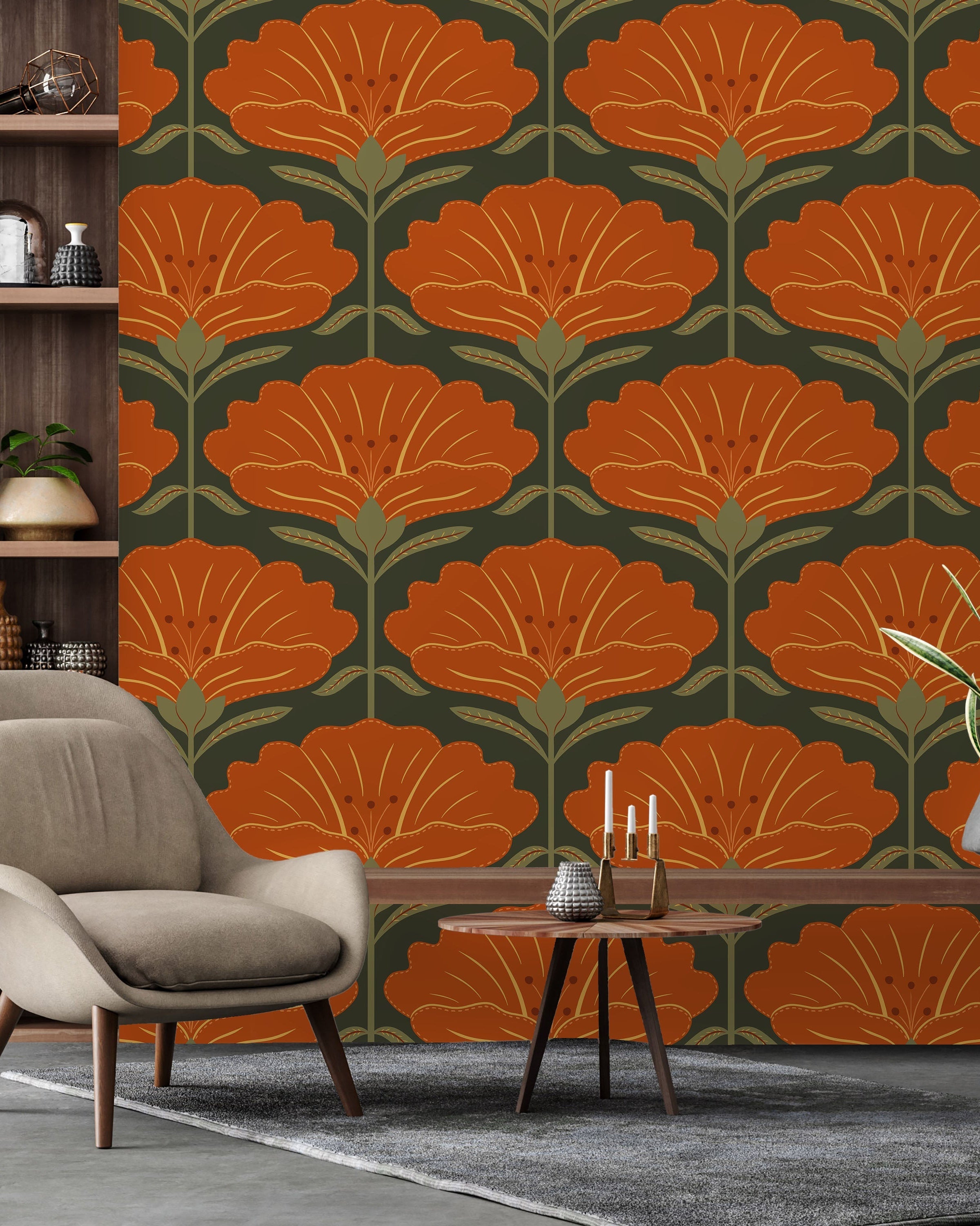 Dreamy Daisies Peel and Stick Wallpaper, Removable Wallpaper, Traditional Wallpaper - Orange | DeccoPrint