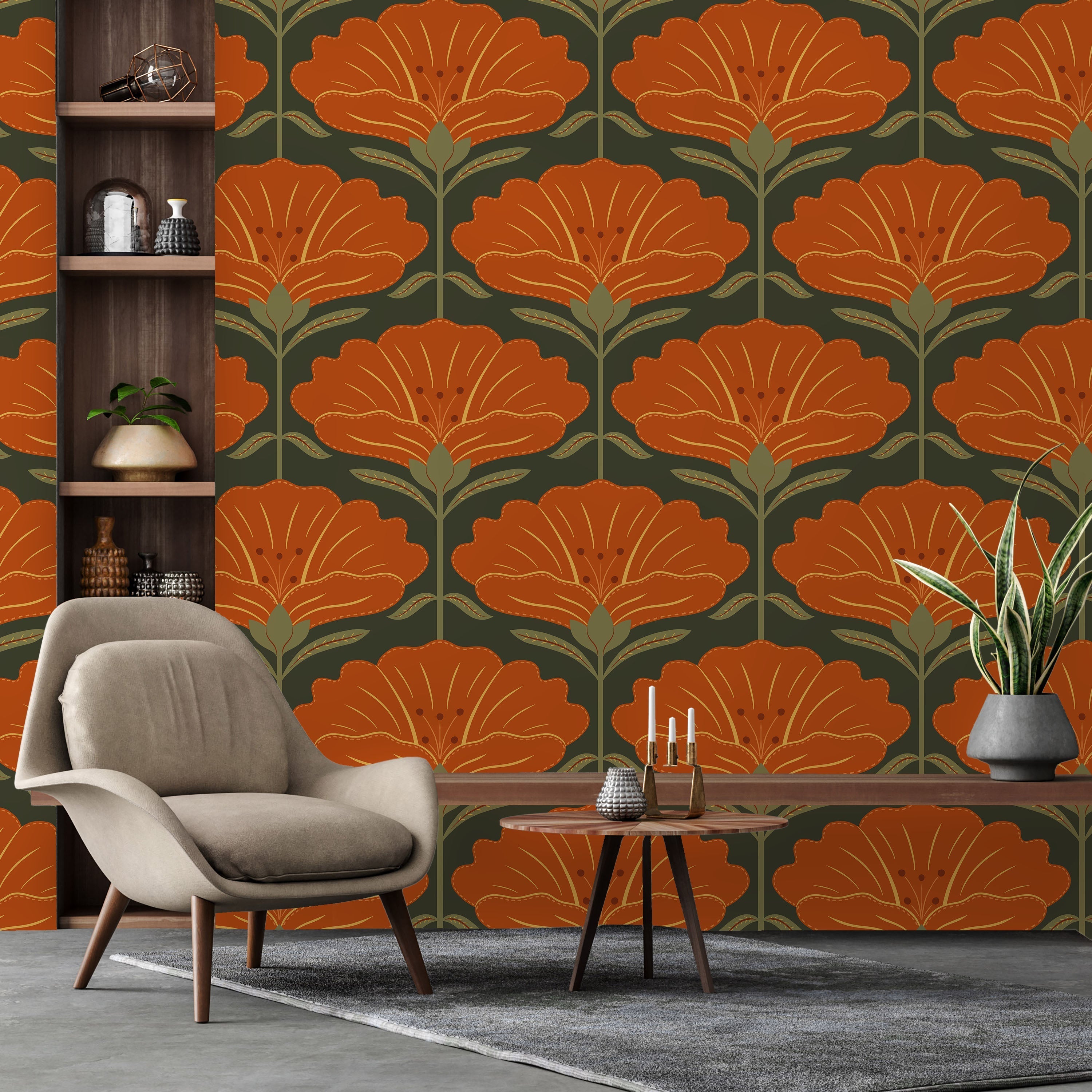 Dreamy Daisies Peel and Stick Wallpaper, Removable Wallpaper, Traditional Wallpaper - Orange | DeccoPrint