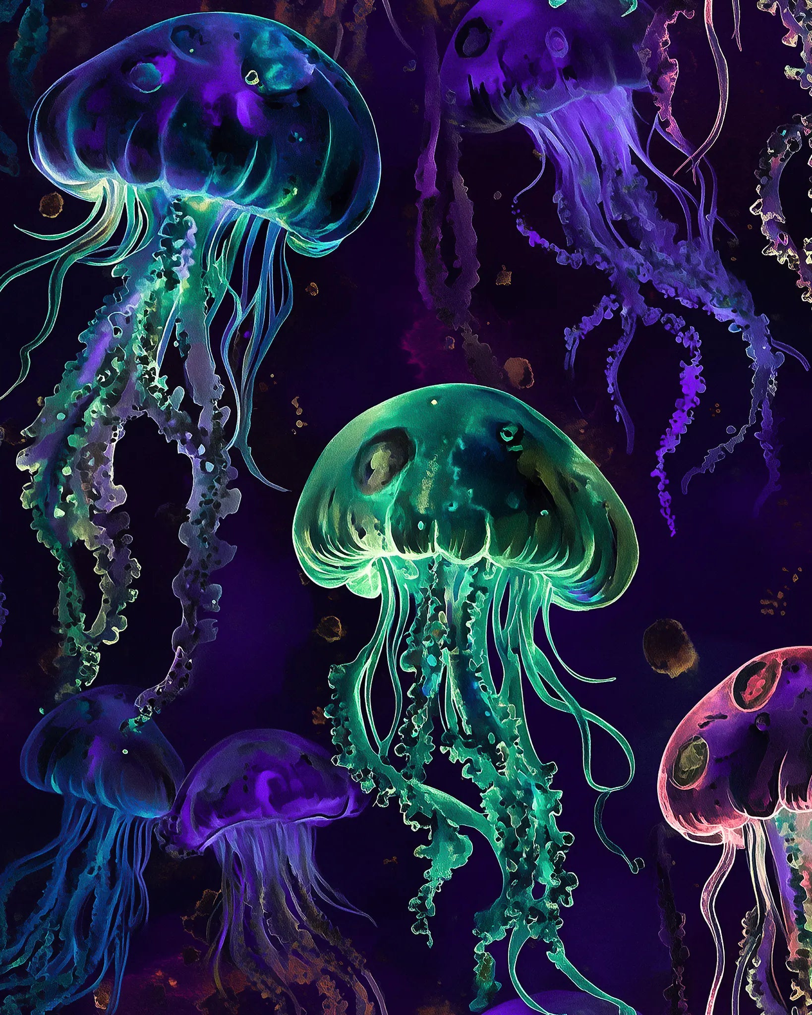 Colorful jellyfishes on a dark purple background