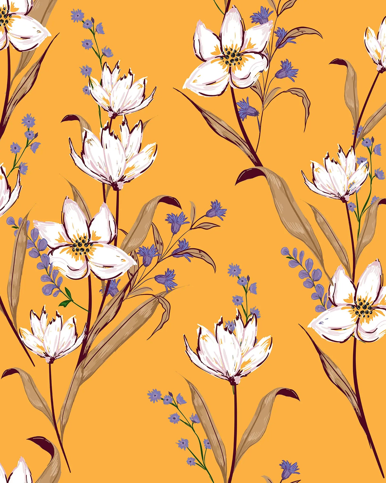 Floral pattern with white flowers and brown leaves on a yellow background