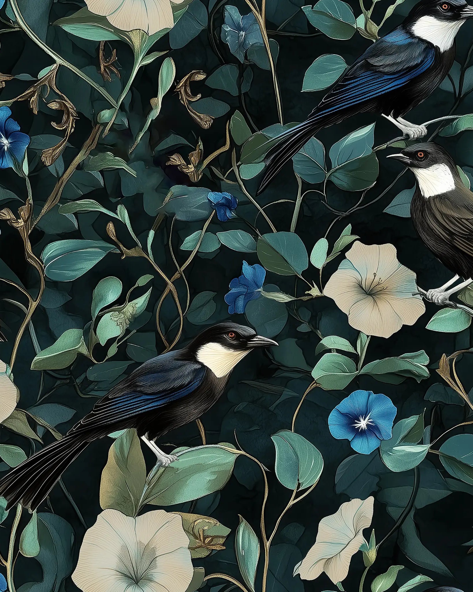 Pattern of birds and flowers on a dark background